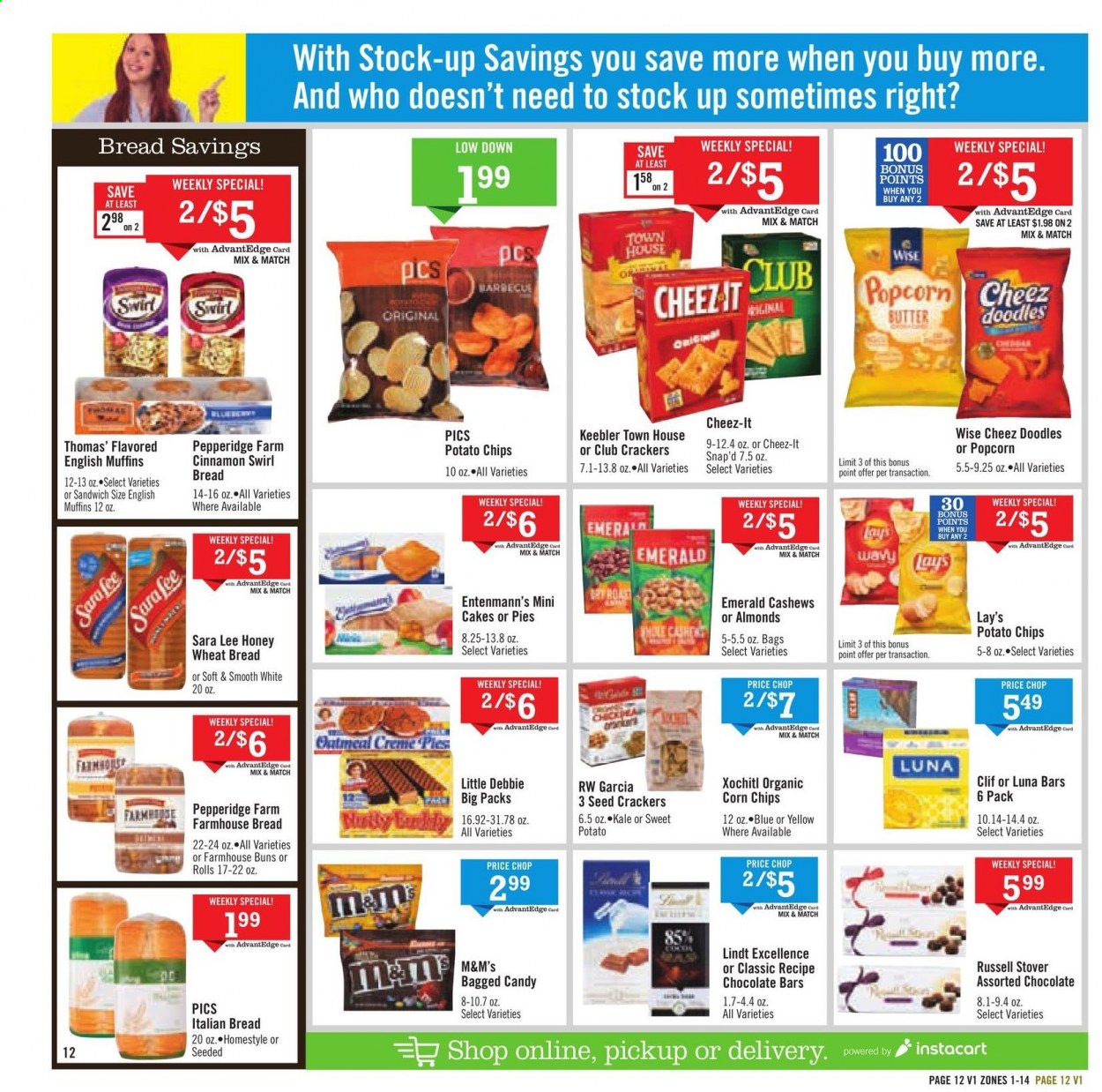 thumbnail - Price Chopper Flyer - 05/02/2021 - 05/08/2021 - Sales products - english muffins, wheat bread, cake, buns, Sara Lee, Entenmann's, sweet potato, kale, sandwich, butter, Lindt, M&M's, crackers, Keebler, chocolate bar, potato chips, chips, Lay’s, corn chips, popcorn, Cheez-It, cinnamon, almonds, cashews, plant seeds. Page 12.