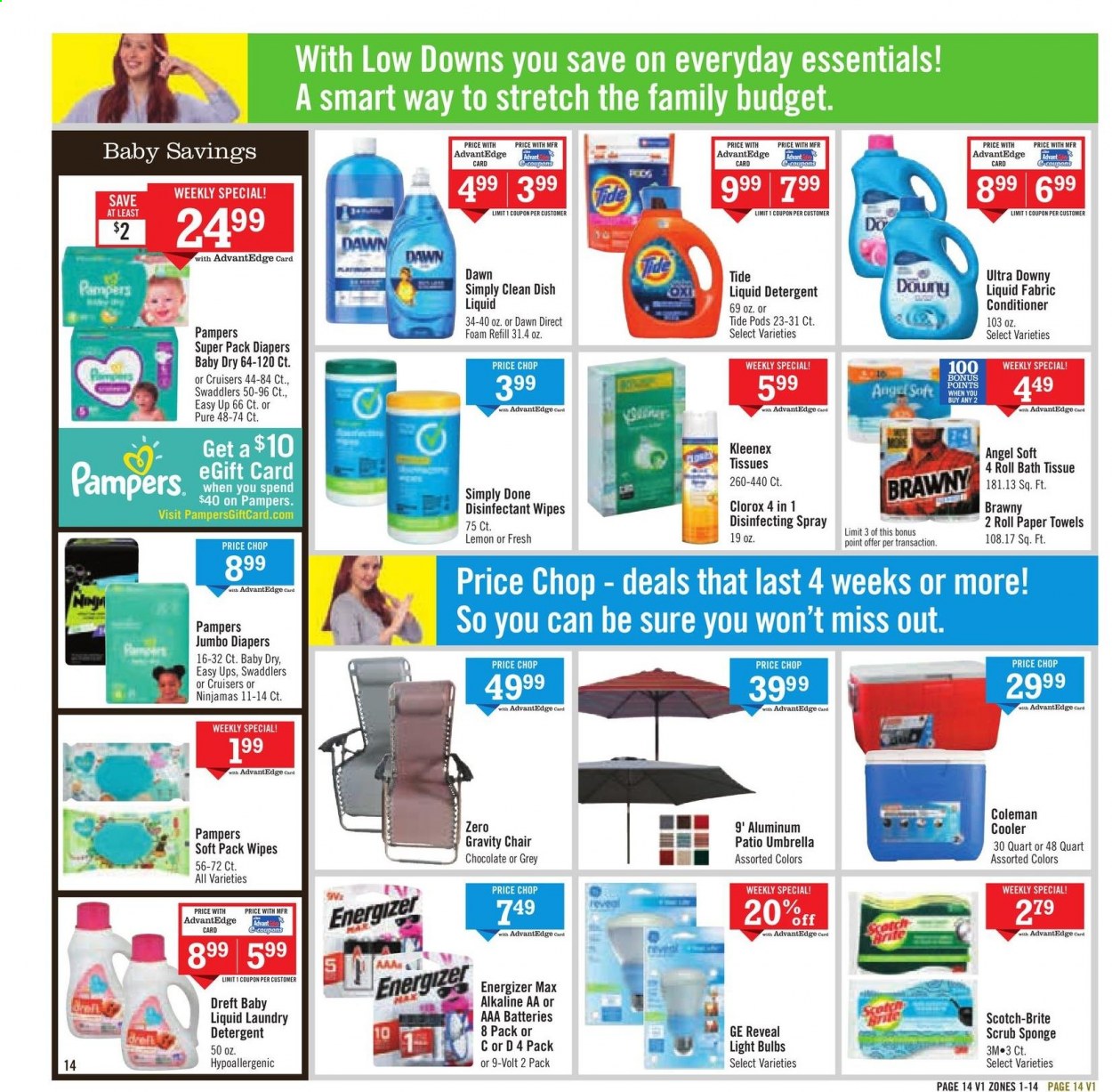 thumbnail - Price Chopper Flyer - 05/02/2021 - 05/08/2021 - Sales products - chocolate, wipes, Pampers, nappies, bath tissue, Kleenex, kitchen towels, paper towels, detergent, desinfection, Clorox, Tide, liquid detergent, laundry detergent, Downy Laundry, dishwashing liquid, conditioner, Brite, bulb, Energizer, light bulb, AAA batteries. Page 14.
