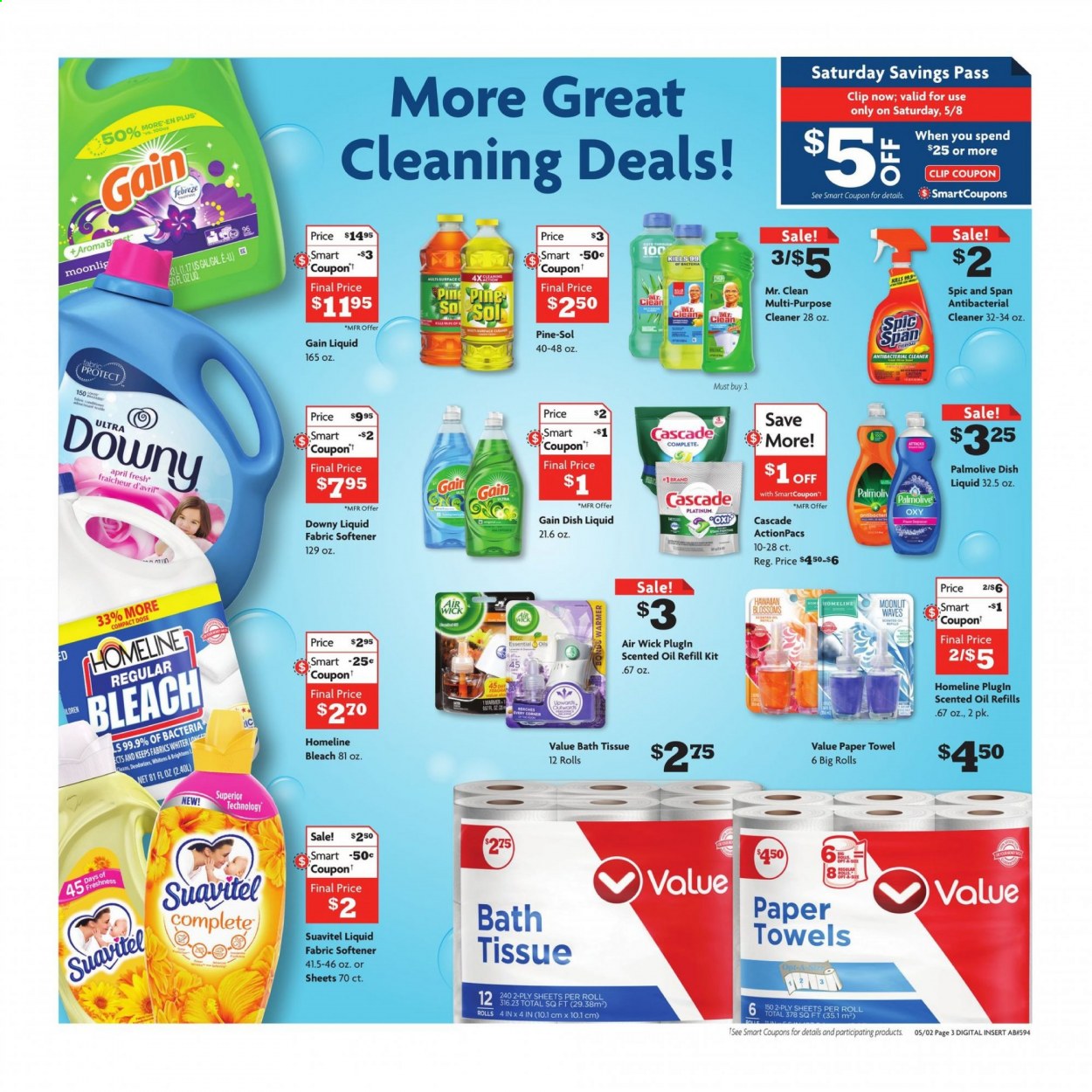 thumbnail - Family Dollar Flyer - 05/02/2021 - 05/09/2021 - Sales products - oil, bath tissue, paper towels, Febreze, Gain, cleaner, bleach, Pine-Sol, Cascade, fabric softener, Downy Laundry, dishwashing liquid, Palmolive, pin, Air Wick, scented oil, essential oils. Page 2.