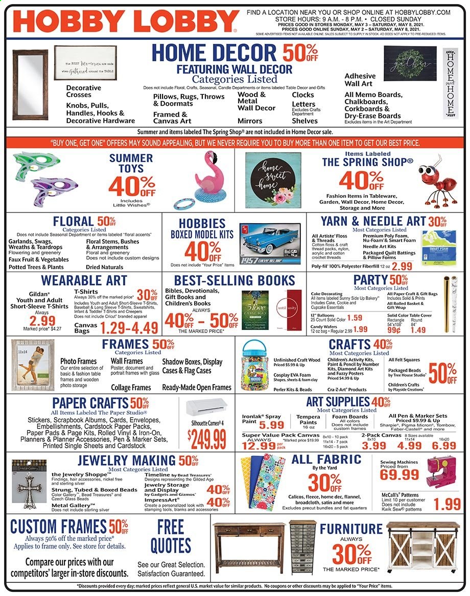 thumbnail - Hobby Lobby Flyer - 05/02/2021 - 05/08/2021 - Sales products - sticker, gift wrap, pen, envelope, paper, pencil, scrapbook, sketch pad, canvas, balloons, Sharpie, pillow, quilt, satin sheets, mirror, wall decor. Page 1.