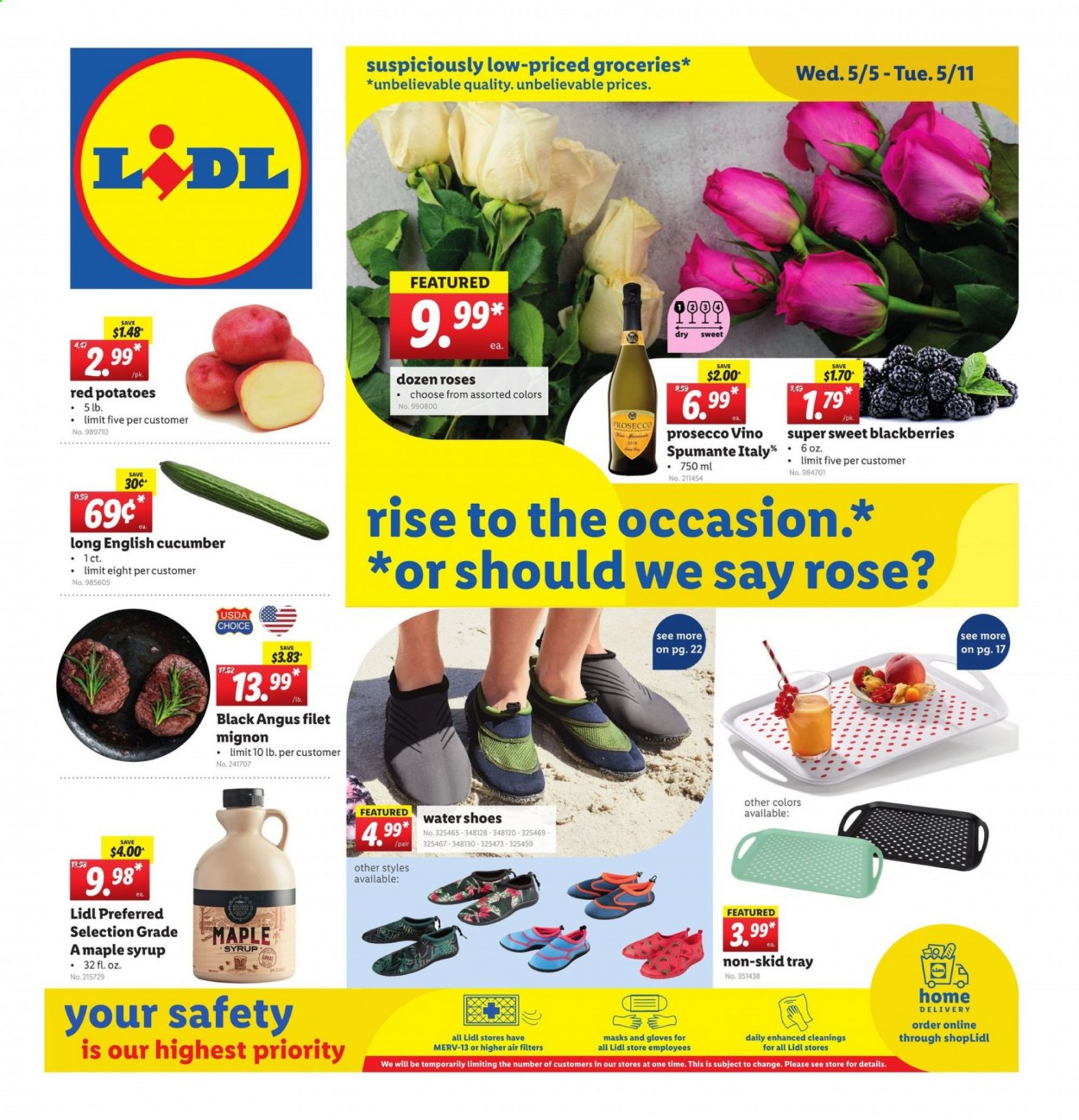 thumbnail - Lidl Flyer - 05/05/2021 - 05/11/2021 - Sales products - shoes, potatoes, red potatoes, blackberries, maple syrup, syrup, spumante, prosecco, wine, rosé wine, beef tenderloin, tray, gloves. Page 1.