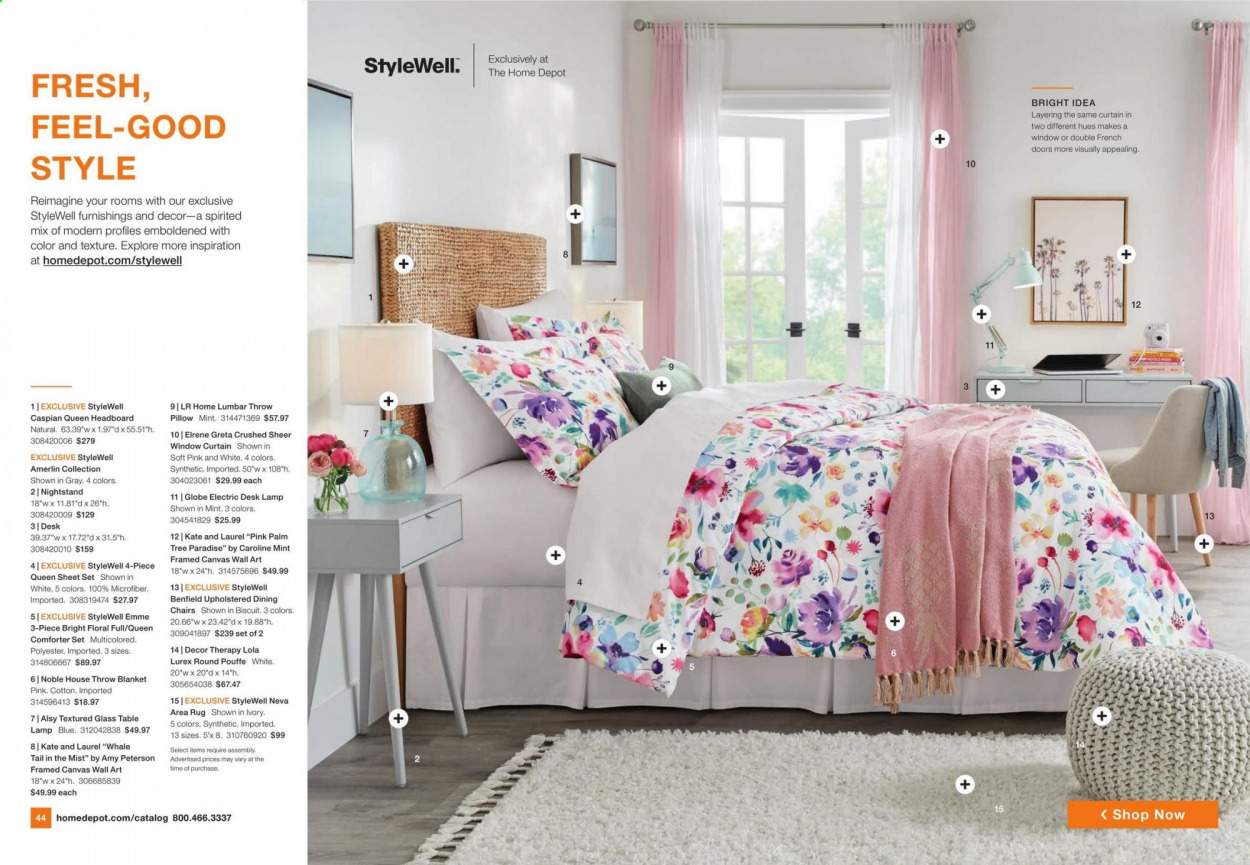 thumbnail - The Home Depot Flyer - 05/03/2021 - 07/11/2021 - Sales products - canvas, blanket, comforter, pillow, queen sheet, curtain, chair, pouffe, headboard, nightstand, lamp, table lamp, rug, area rug, door. Page 38.