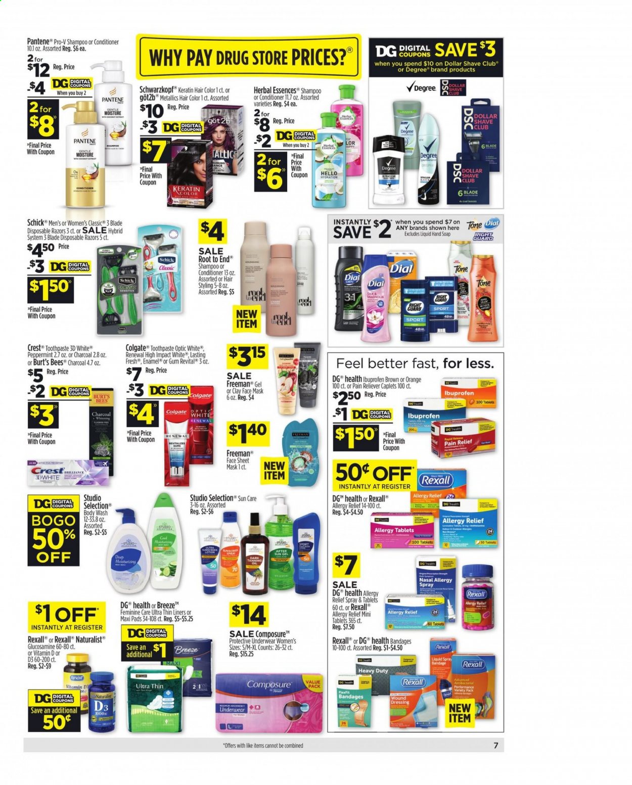 thumbnail - Dollar General Flyer - 05/02/2021 - 05/08/2021 - Sales products - oranges, L'Or, Composure, body wash, shampoo, Schwarzkopf, Dial, Colgate, toothpaste, Crest, sanitary pads, face mask, Dollar Shave Club, conditioner, Pantene, hair color, Herbal Essences, keratin, Schick, disposable razor, charcoal, pain relief, glucosamine, Ibuprofen, vitamin D3, allergy relief. Page 7.