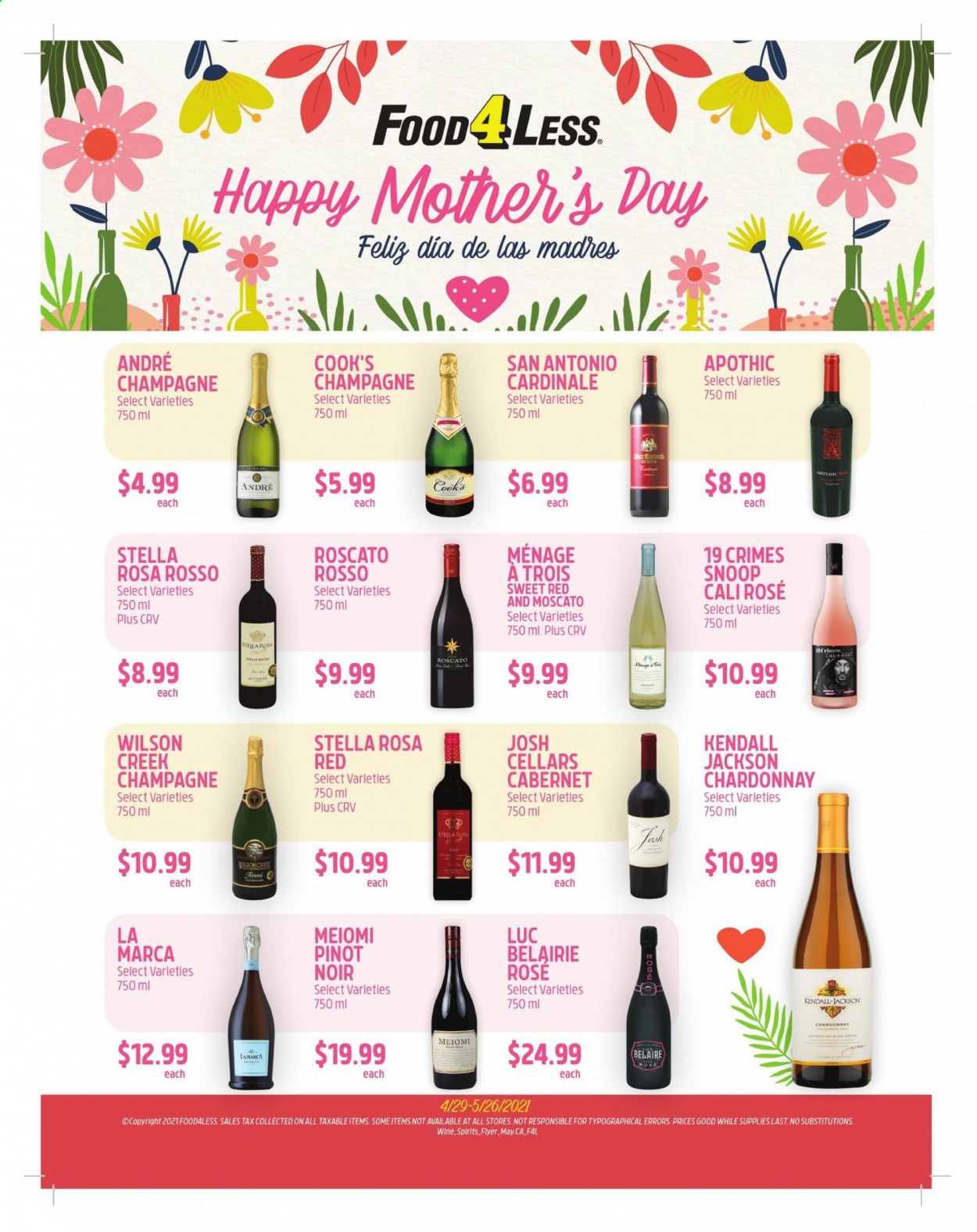 thumbnail - Food 4 Less Flyer - 04/29/2021 - 05/26/2021 - Sales products - Cabernet Sauvignon, red wine, white wine, champagne, Chardonnay, wine, Pinot Noir, Moscato, rosé wine, rose. Page 1.