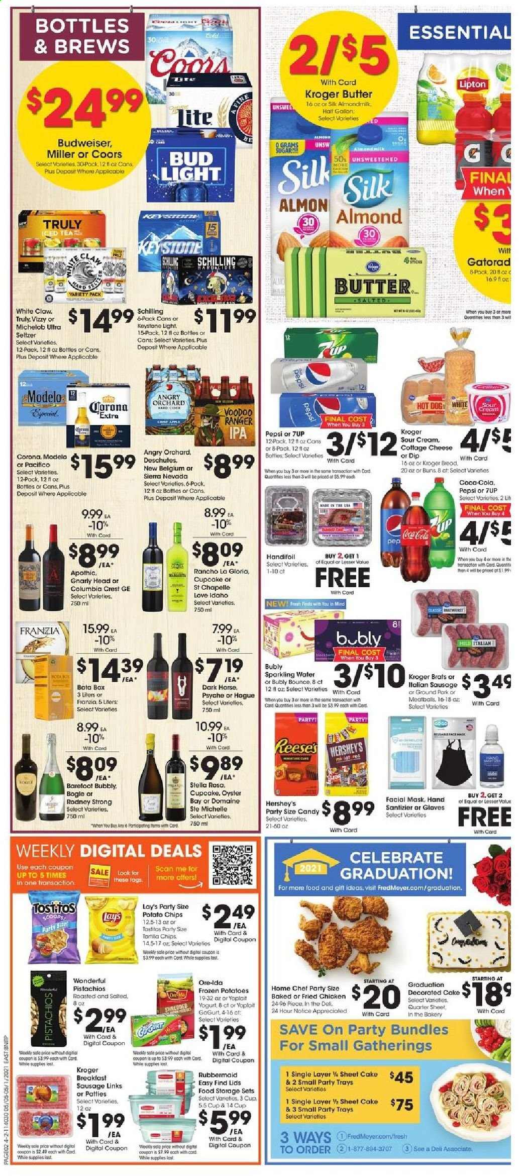 thumbnail - Fred Meyer Flyer - 05/05/2021 - 05/11/2021 - Sales products - Budweiser, Coors, Michelob, cake, buns, cupcake, oysters, hot dog, fried chicken, sausage, italian sausage, cottage cheese, yoghurt, Yoplait, almond milk, Silk, butter, sour cream, dip, Reese's, Hershey's, Ore-Ida, potato chips, Lay’s, sugar, pistachios, Coca-Cola, Pepsi, Lipton, ice tea, 7UP, seltzer water, sparkling water, White Claw, TRULY, beer, Bud Light, Corona Extra, Miller, IPA, Keystone, Modelo, ground pork, Bounce, Crest, cup. Page 1.