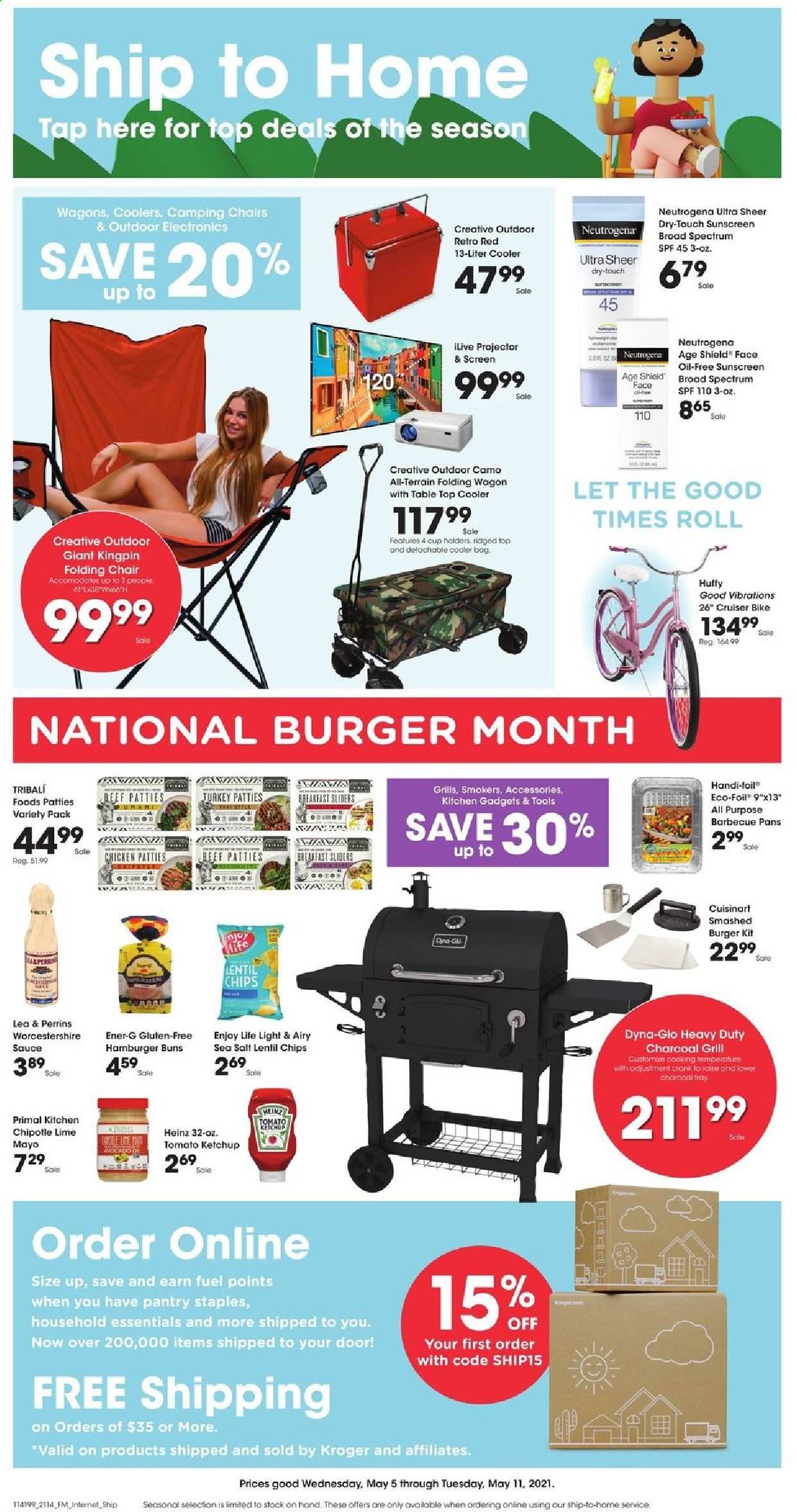 thumbnail - Fred Meyer Flyer - 05/05/2021 - 05/11/2021 - Sales products - buns, burger buns, avocado, sauce, mayonnaise, chicken patties, chips, Heinz, worcestershire sauce, ketchup, Neutrogena, tray, cup, Cuisinart, cooler bag, Primal, projector, wagon, cruiser. Page 1.