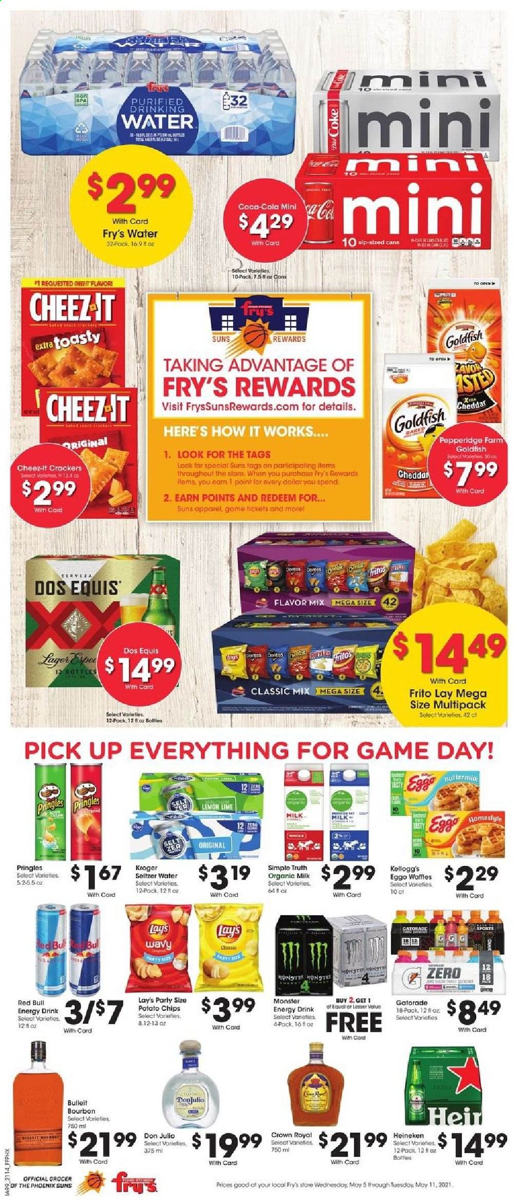 thumbnail - Fry’s Flyer - 05/05/2021 - 05/11/2021 - Sales products - waffles, organic milk, eggs, crackers, Kellogg's, potato chips, Pringles, chips, Lay’s, Goldfish, Cheez-It, Coca-Cola, energy drink, Monster, Red Bull, Gatorade, seltzer water, bourbon, beer, Dos Equis, Heineken. Page 11.