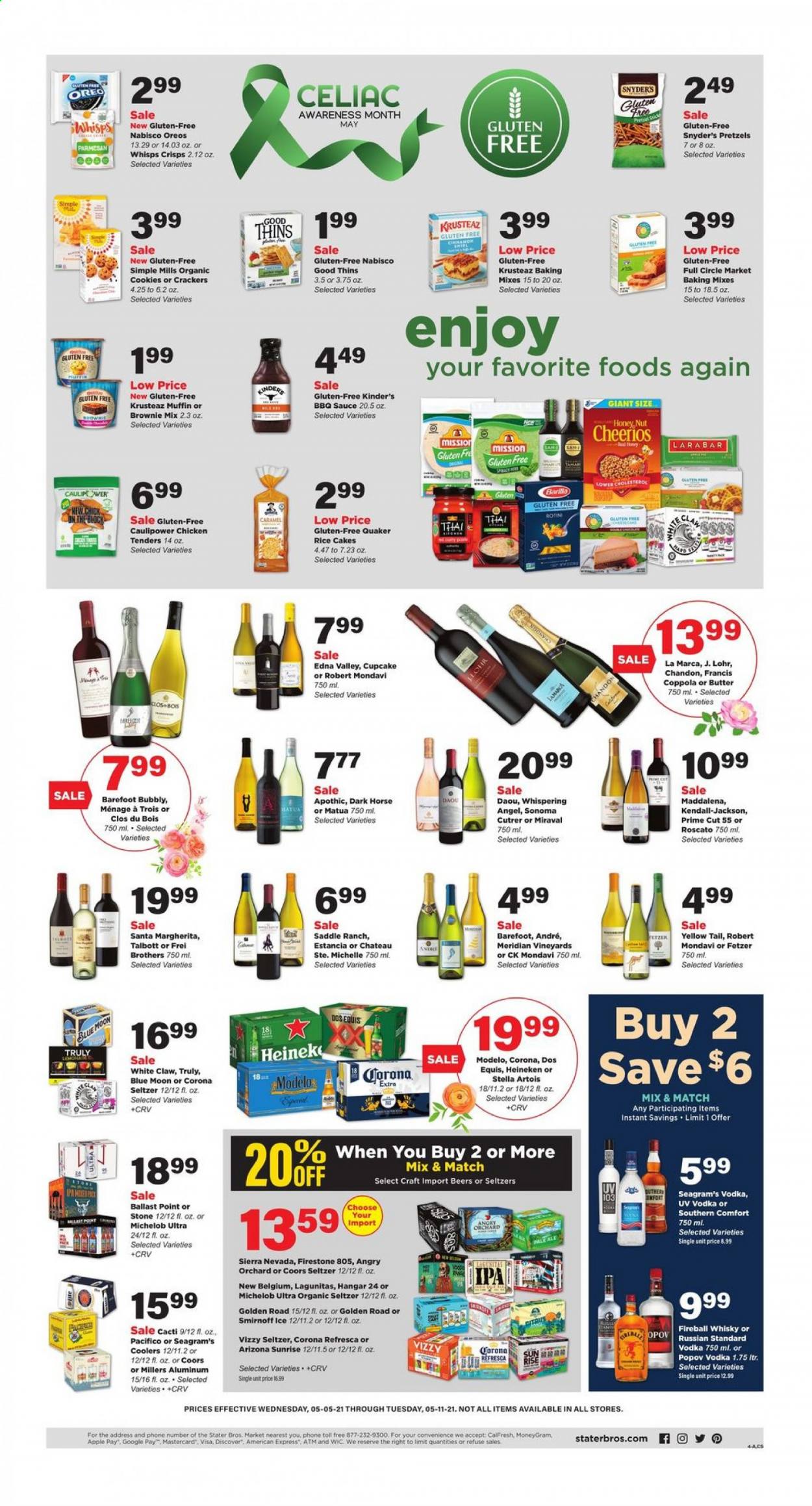 thumbnail - Stater Bros. Flyer - 05/05/2021 - 05/11/2021 - Sales products - Stella Artois, Coors, Dos Equis, Blue Moon, Michelob, pretzels, cupcake, brownie mix, sauce, Barilla, Quaker, parmesan, Oreo, butter, cookies, crackers, Santa, Thins, Cheerios, rice, BBQ sauce, caramel, AriZona, seltzer water, Estancia, Smirnoff, vodka, BROTHERS, White Claw, TRULY, whisky, beer, Corona Extra, Heineken, IPA, Modelo. Page 4.