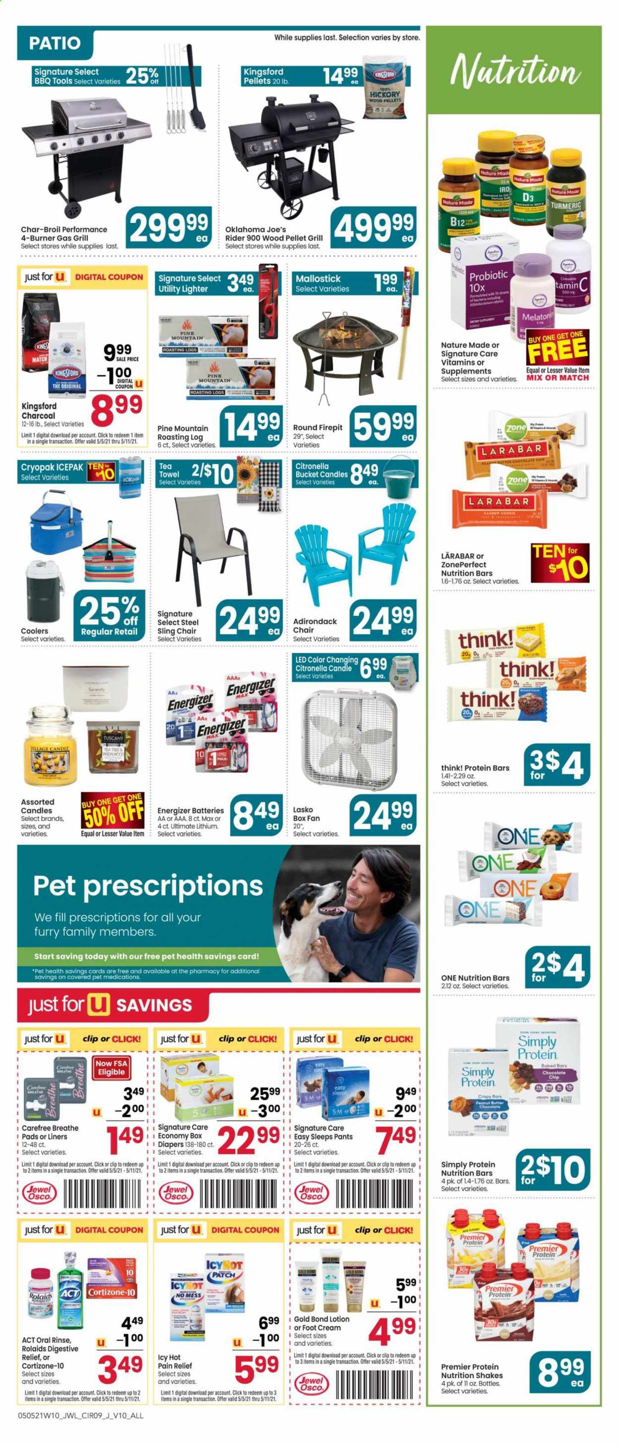 thumbnail - Jewel Osco Flyer - 05/05/2021 - 05/11/2021 - Sales products - shake, chocolate chips, nutrition bar, protein bar, turmeric, peanut butter, pants, nappies, sanitary pads, Carefree, body lotion, candle, tea tree, charcoal, pain relief, Melatonin, Nature Made, vitamin D3. Page 9.