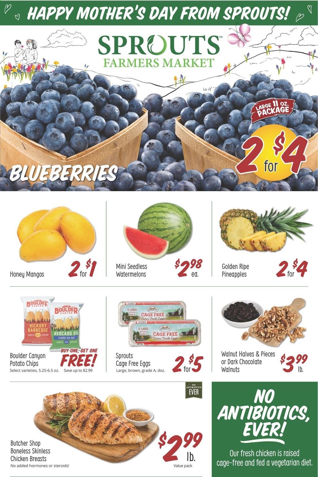 thumbnail - Sprouts Flyer - 05/05/2021 - 05/11/2021 - Sales products - avocado, blueberries, mango, pineapple, eggs, cage free eggs, chocolate, potato chips, chips, walnuts, chicken breasts. Page 1.
