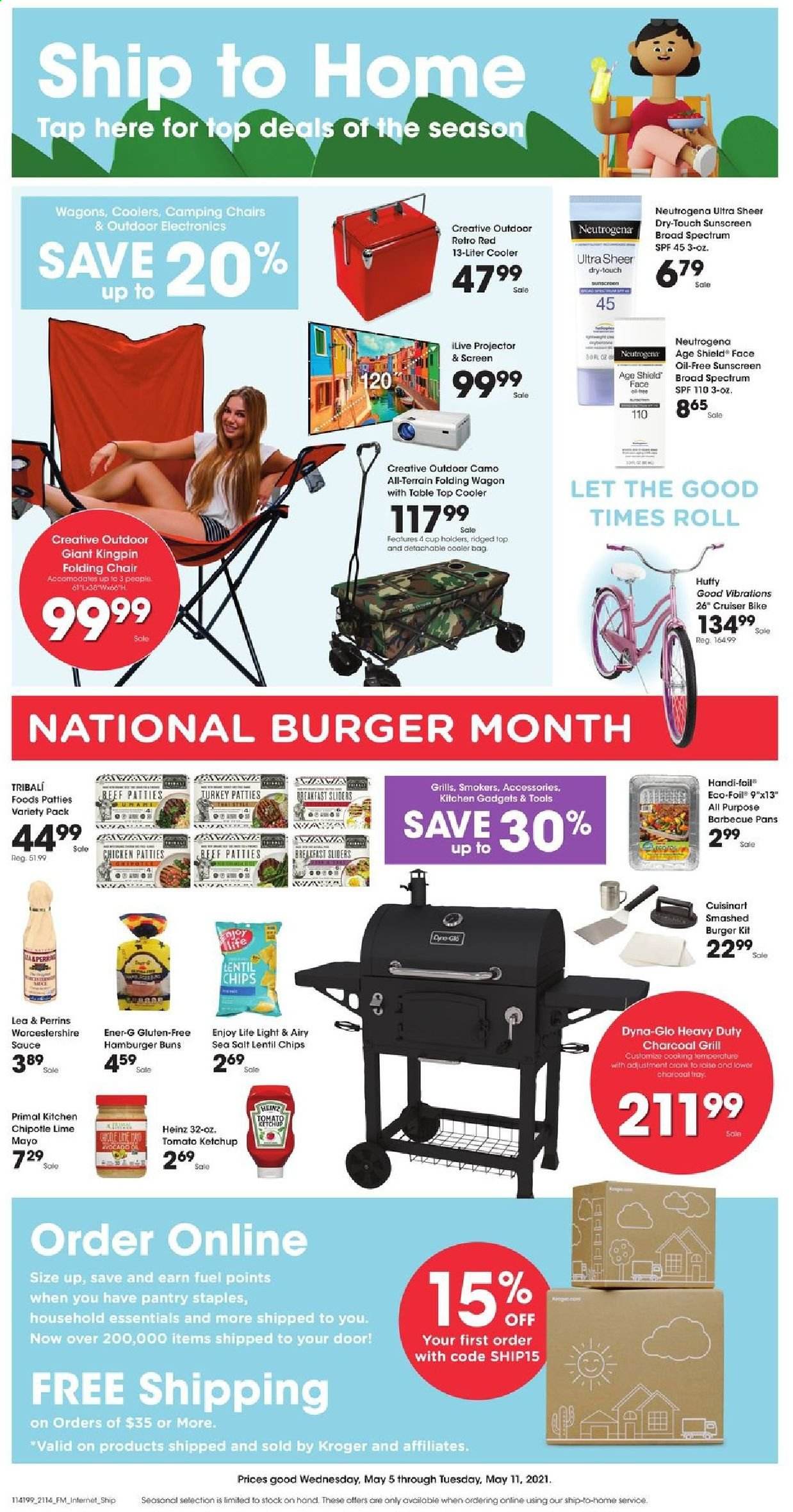 thumbnail - City Market Flyer - 05/05/2021 - 05/11/2021 - Sales products - buns, burger buns, sauce, mayonnaise, chicken patties, chips, Heinz, worcestershire sauce, ketchup, Neutrogena, cup, Cuisinart, cooler bag, Primal, wagon. Page 1.