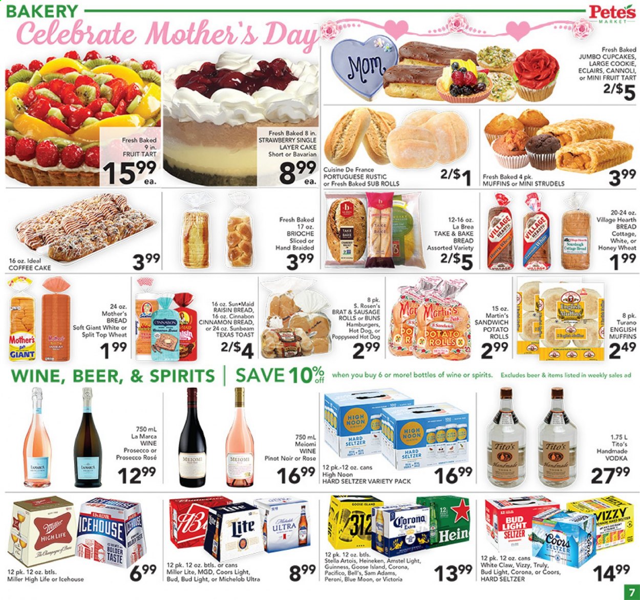 thumbnail - Pete's Fresh Market Flyer - 05/05/2021 - 05/11/2021 - Sales products - bread, cottage bread, english muffins, sausage rolls, cake, buns, potato rolls, sandwich rolls, cupcake, sweet bread, coffee cake, fruit tart, dessert, éclairs, pastries, hot dog, sandwich, hamburger, cookies, red wine, sparkling wine, Pinot Noir, vodka, White Claw, Hard Seltzer, TRULY, beer, Stella Artois, Bud Light, Corona Extra, Heineken, Guinness, Peroni, Amstel, Bell's, Miller Lite, Coors, Blue Moon, Michelob. Page 7.