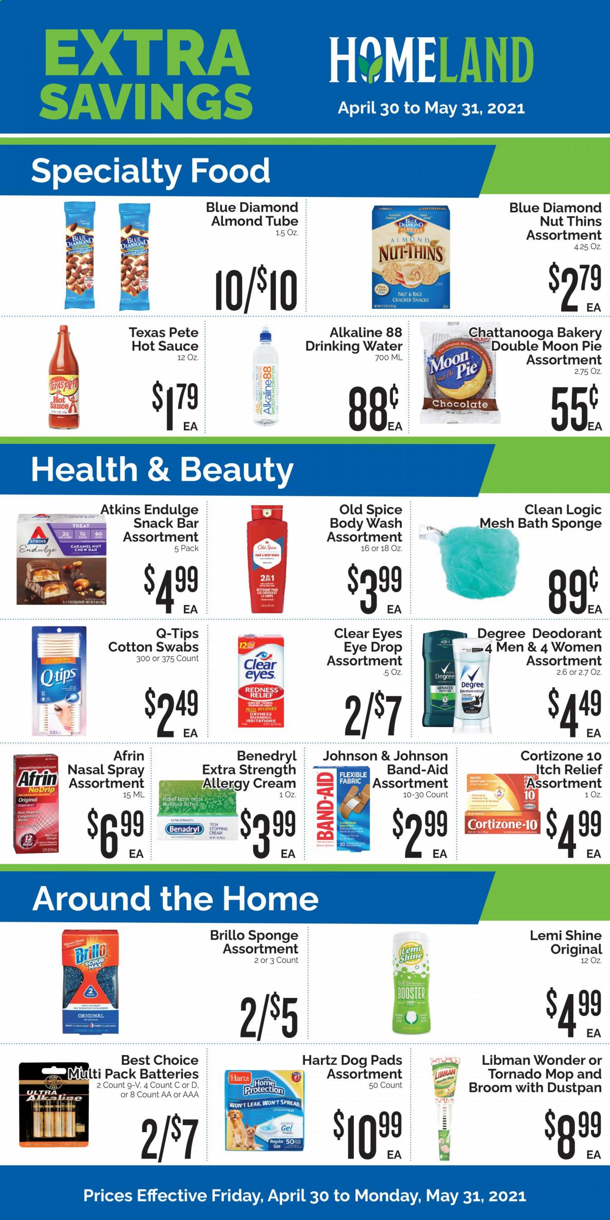 thumbnail - Homeland Flyer - 04/30/2021 - 05/31/2021 - Sales products - pie, sauce, marshmallows, chocolate, snack, crackers, snack bar, Thins, rice crackers, sugar, rice, spice, caramel, hot sauce, almonds, Blue Diamond, Johnson's, ointment, detergent, body wash, hair & body wash, Old Spice, Lemi Shine, anti-perspirant, deodorant, lubricant, Afrin, nasal spray. Page 1.