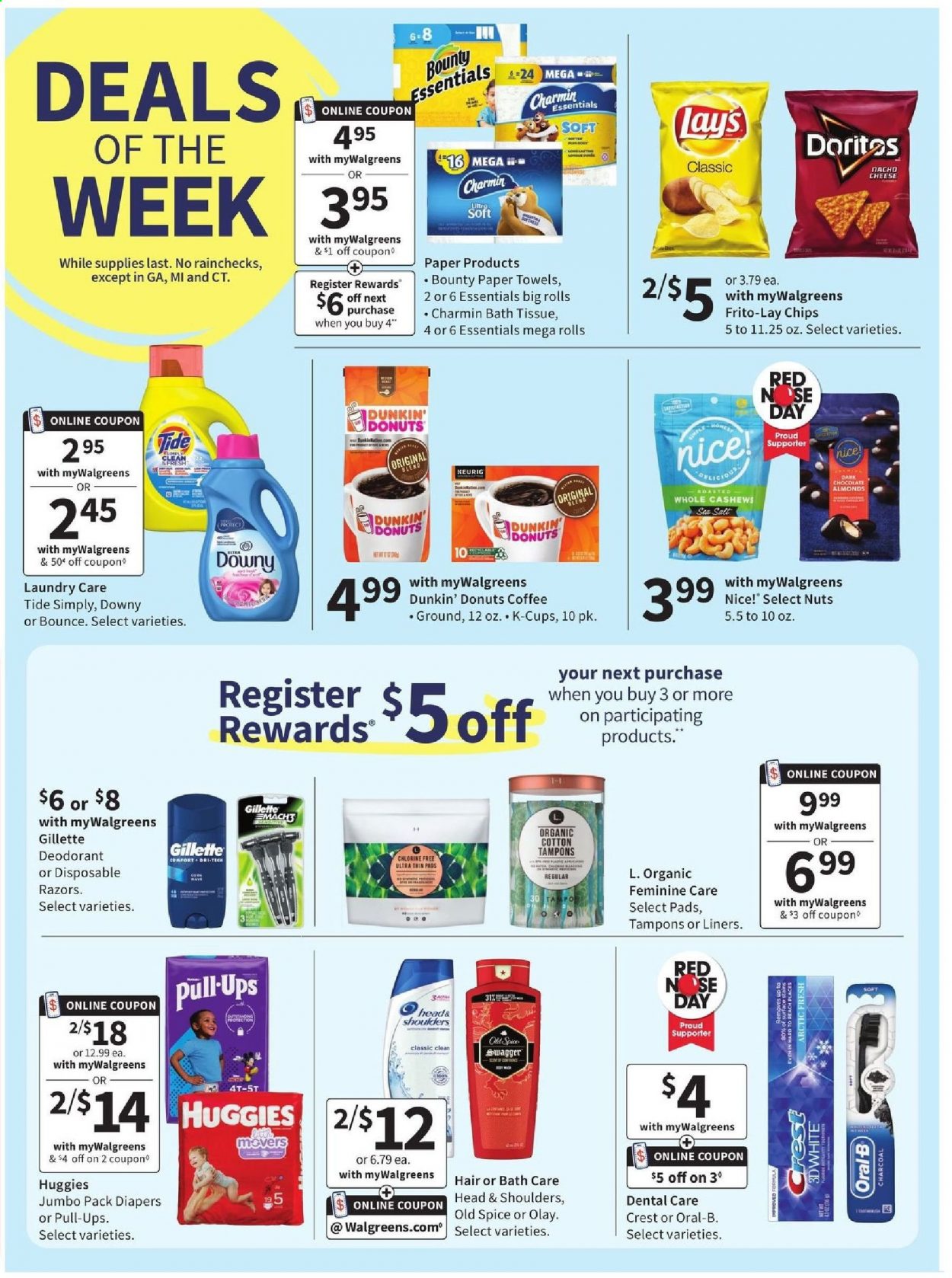 thumbnail - Walgreens Flyer - 05/09/2021 - 05/15/2021 - Sales products - chocolate, Bounty, chips, Lay’s, Frito-Lay, Nice!, cashews, coffee, coffee capsules, K-Cups, Dunkin' Donuts, Keurig, Huggies, nappies, bath tissue, kitchen towels, paper towels, Charmin, Tide, Bounce, Old Spice, Oral-B, Crest, tampons, Olay, Head & Shoulders, anti-perspirant, deodorant, Gillette. Page 2.