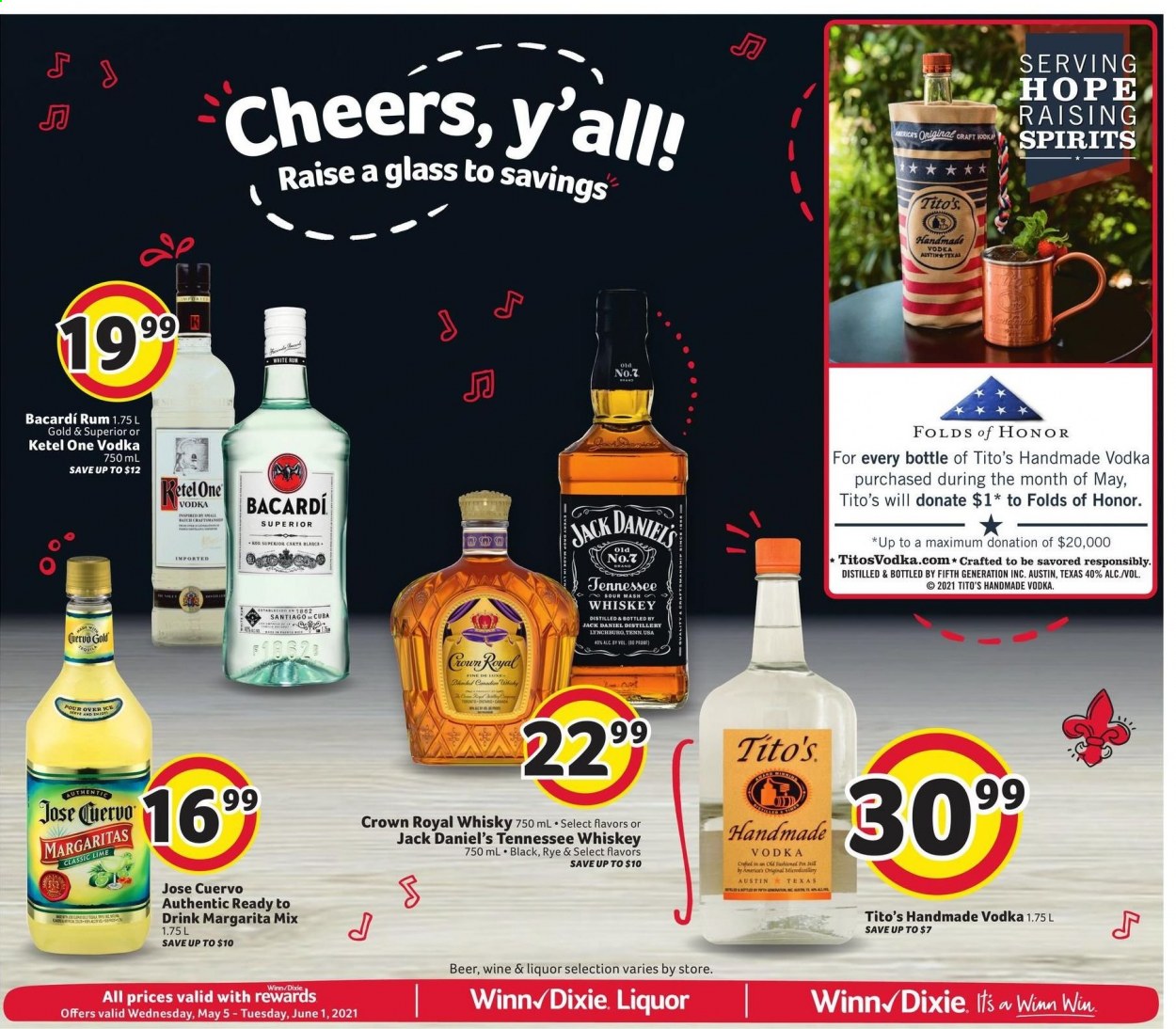 thumbnail - Winn Dixie Flyer - 05/05/2021 - 05/11/2021 - Sales products - Jack Daniel's, Margarita Mix, wine, Bacardi, rum, Tennessee Whiskey, vodka, whiskey, liquor, whisky, beer. Page 9.