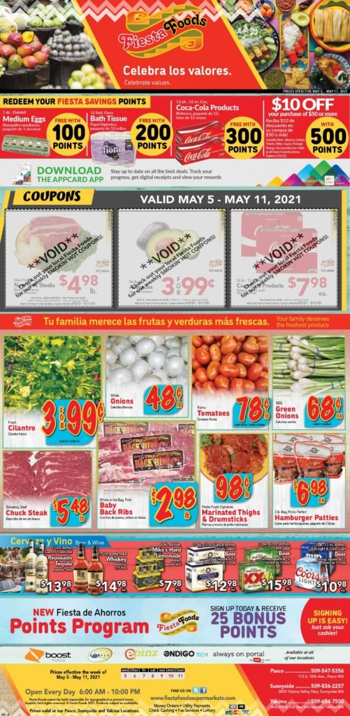 thumbnail - Fiesta Foods SuperMarkets Flyer - 05/05/2021 - 05/11/2021 - Sales products - Coors, tomatoes, green onion, hamburger, eggs, cilantro, Coca-Cola, Boost, wine, tequila, beer, beef meat, steak, chuck steak, pork meat, pork ribs, pork back ribs. Page 1.