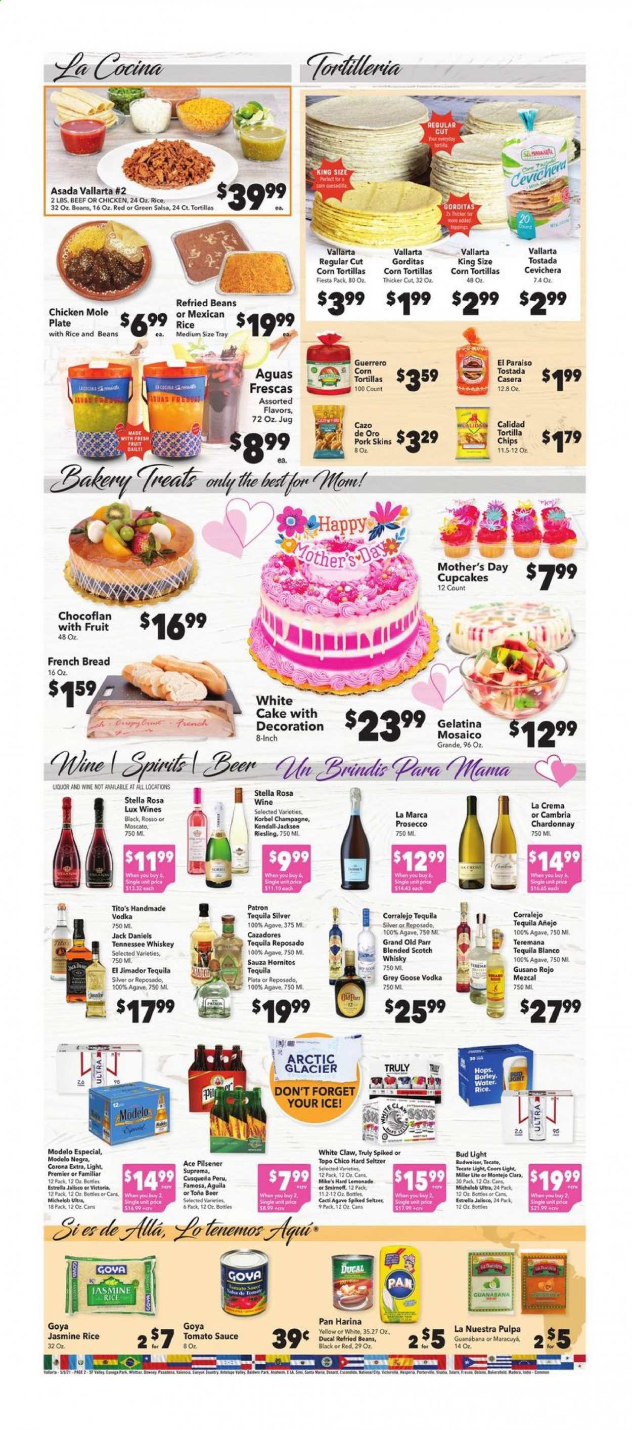thumbnail - Vallarta Flyer - 05/05/2021 - 05/11/2021 - Sales products - corn tortillas, cake, french bread, cupcake, beans, Jack Daniel's, sauce, tortilla chips, refried beans, tomato sauce, Goya, jasmine rice, lemonade, fruit drink, water, Riesling, sparkling wine, white wine, champagne, prosecco, Chardonnay, wine, Moscato, liqueur, Smirnoff, Tennessee Whiskey, tequila, vodka, whiskey, White Claw, Hard Seltzer, TRULY, scotch whisky, whisky, beer, Budweiser, Bud Light, Corona Extra, Modelo, Estrella, Topo Chico, Lux, Miller Lite, Coors, Michelob. Page 2.
