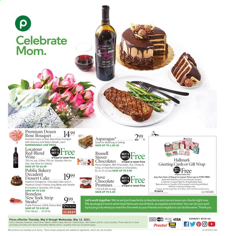 thumbnail - Publix Flyer - 05/06/2021 - 05/12/2021 - Sales products - cake, chocolate cake, cheese, Nutella, chocolate, rosé wine, wine, steak, striploin steak, beef meat, Dove. Page 1.