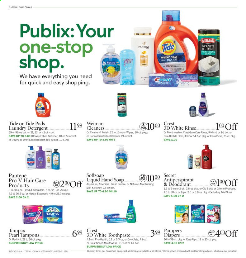 thumbnail - Publix Flyer - 05/06/2021 - 05/12/2021 - Sales products - milk, spice, honey, wipes, Pampers, nappies, detergent, cleaner, desinfection, Tide, fabric softener, laundry detergent, Downy Laundry, Softsoap, hand soap, Old Spice, soap, Oral-B, toothpaste, mouthwash, Crest, Tampax, tampons, Aussie, Head & Shoulders, Pantene, Herbal Essences, anti-perspirant, deodorant, Gillette. Page 20.