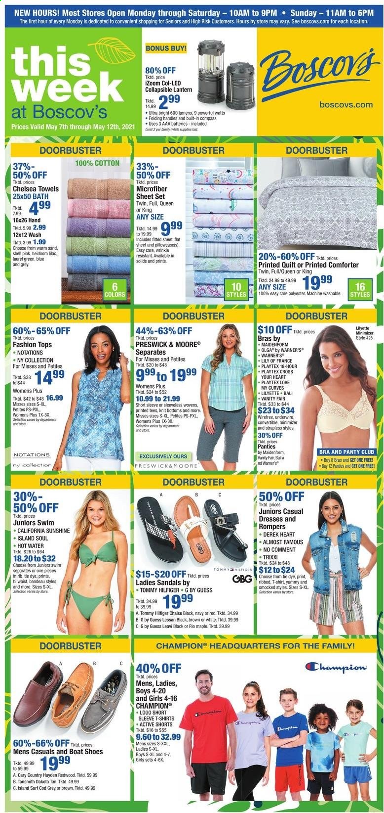 thumbnail - Boscov's Flyer - 05/07/2021 - 05/12/2021 - Sales products - sandals, shoes, Guess, Tommy Hilfiger, Champion®, Playtex, AAA batteries, comforter, pillowcase, quilt, towel, vanity, shorts, dress, t-shirt, tops, bra, panties. Page 1.