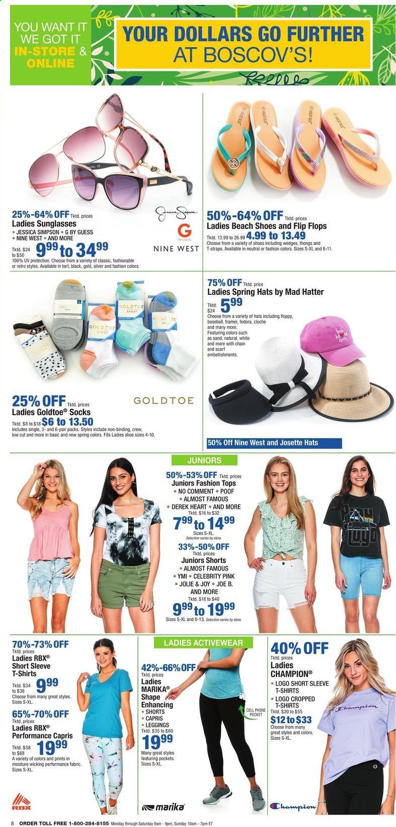 thumbnail - Boscov's Flyer - 05/07/2021 - 05/12/2021 - Sales products - shoes, flip flops, Guess, RBX, Champion®, shorts, t-shirt, tops, leggings, socks, scarf, hat, sunglasses. Page 8.