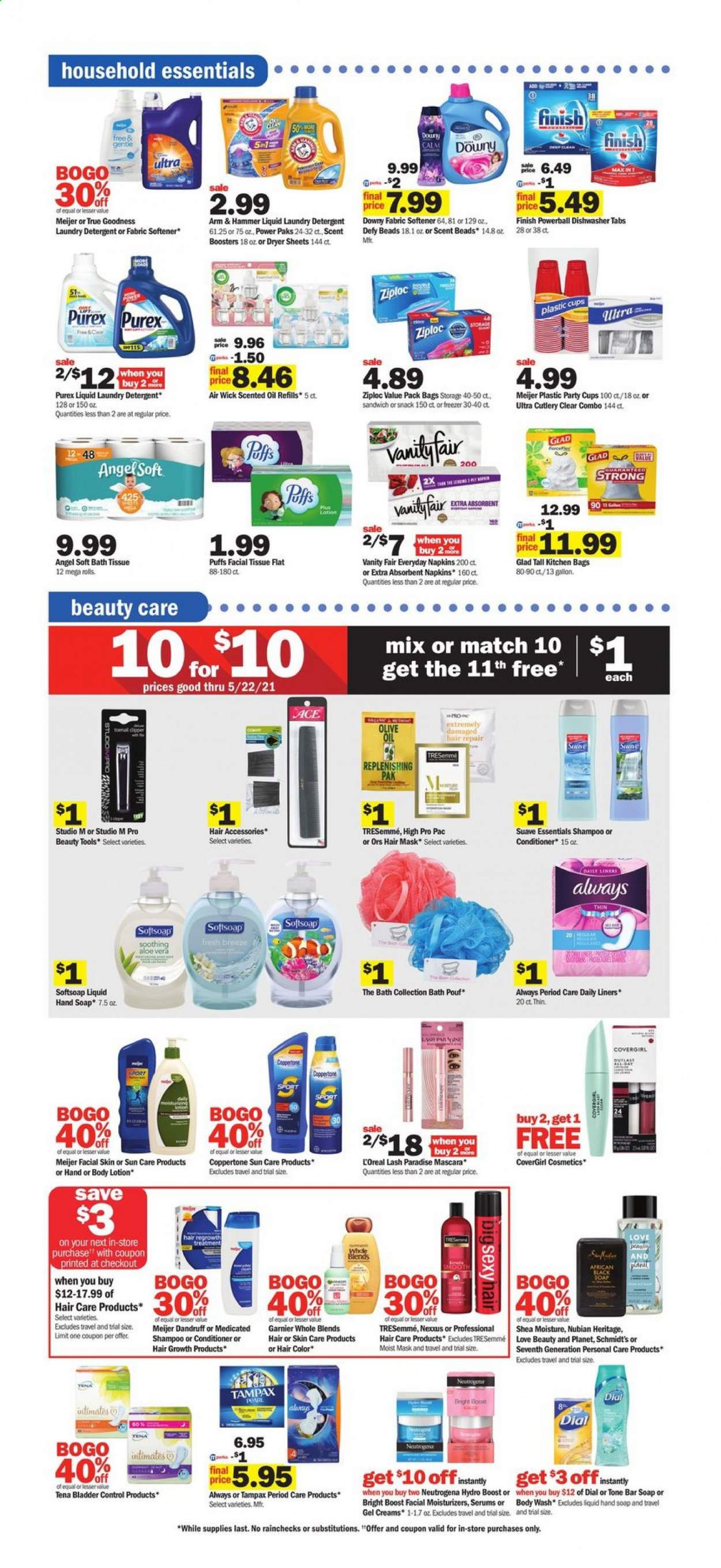 thumbnail - Meijer Flyer - 05/09/2021 - 05/15/2021 - Sales products - puffs, sandwich, ARM & HAMMER, Ace, olive oil, oil, Boost, napkins, bath tissue, detergent, fabric softener, laundry detergent, dryer sheets, scent booster, Purex, Downy Laundry, Finish Powerball, body wash, shampoo, Softsoap, Suave, hand soap, soap bar, Dial, soap, Tampax, Garnier, L’Oréal, moisturizer, Neutrogena, conditioner, TRESemmé, hair color, Nexxus, hair mask, mascara, Ziploc, cup, Air Wick, scented oil, bag. Page 13.