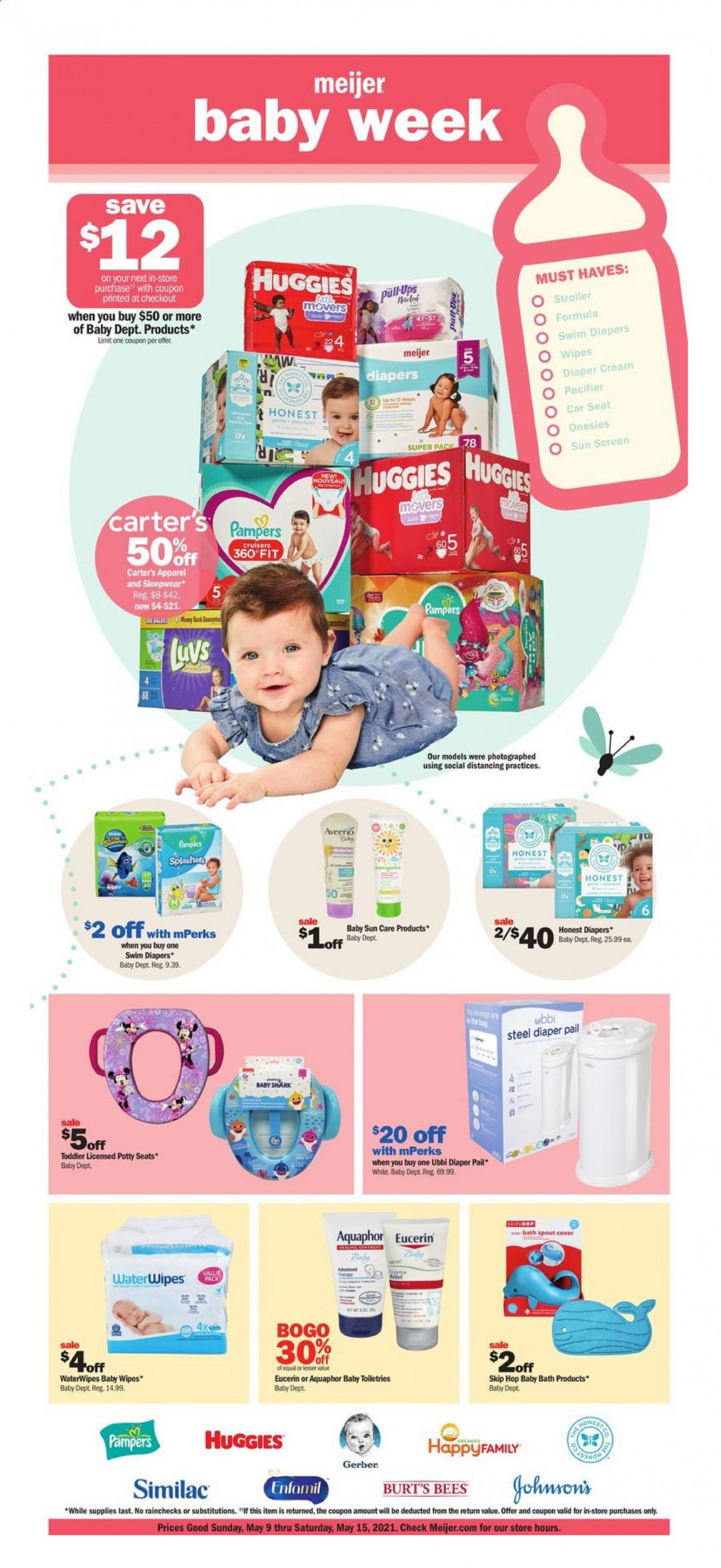 thumbnail - Meijer Flyer - 05/09/2021 - 05/15/2021 - Sales products - Gerber, Enfamil, Similac, wipes, Huggies, Pampers, baby wipes, nappies, Aquaphor, Aveeno, baby bath, Eucerin, bag, sleepwear. Page 1.