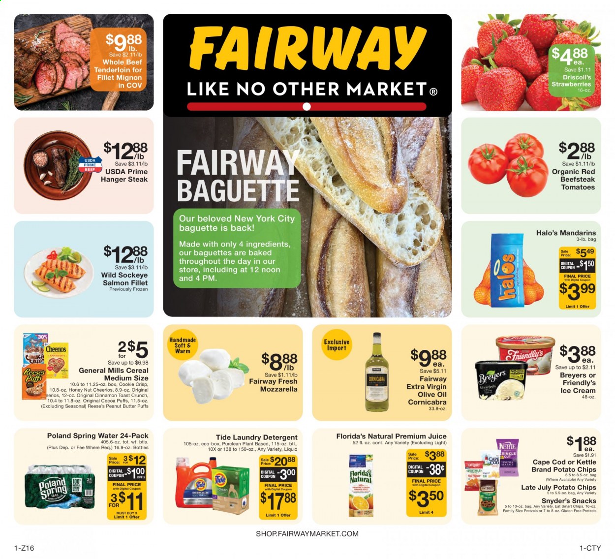 thumbnail - Fairway Market Flyer - 05/07/2021 - 05/13/2021 - Sales products - baguette, pretzels, puffs, tomatoes, mandarines, strawberries, cod, salmon, salmon fillet, mozzarella, ice cream, Reese's, Friendly's Ice Cream, snack, Florida's Natural, potato chips, cereals, Cheerios, cinnamon, extra virgin olive oil, olive oil, oil, peanut butter, juice, spring water, beef meat, steak, beef tenderloin. Page 1.