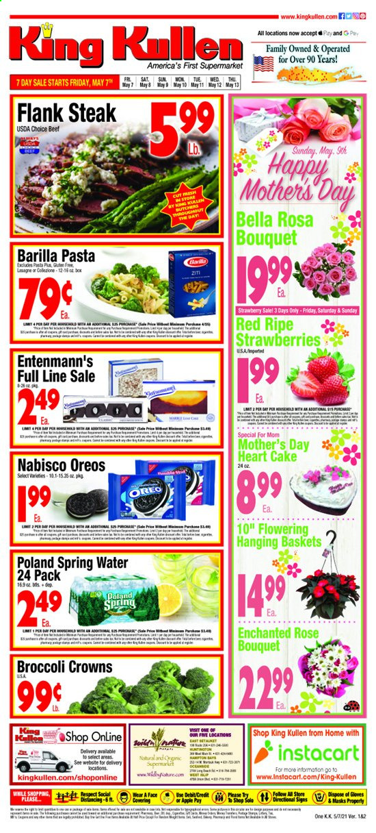 thumbnail - King Kullen Flyer - 05/07/2021 - 05/13/2021 - Sales products - cake, Entenmann's, Bella, strawberries, pasta, Barilla, Oreo, rice, spring water, wine, rosé wine, beef meat, steak, flank steak, bouquet, rose. Page 1.