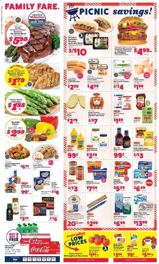 thumbnail - Family Fare Flyer - 05/09/2021 - 05/15/2021 - Sales products - bread, buns, asparagus, beans, macaroni, fried chicken, Oscar Mayer, crackers, salad dressing, ketchup, dressing, Coca-Cola, beer, chicken breasts, beef sirloin, steak, sirloin steak, napkins. Page 1.