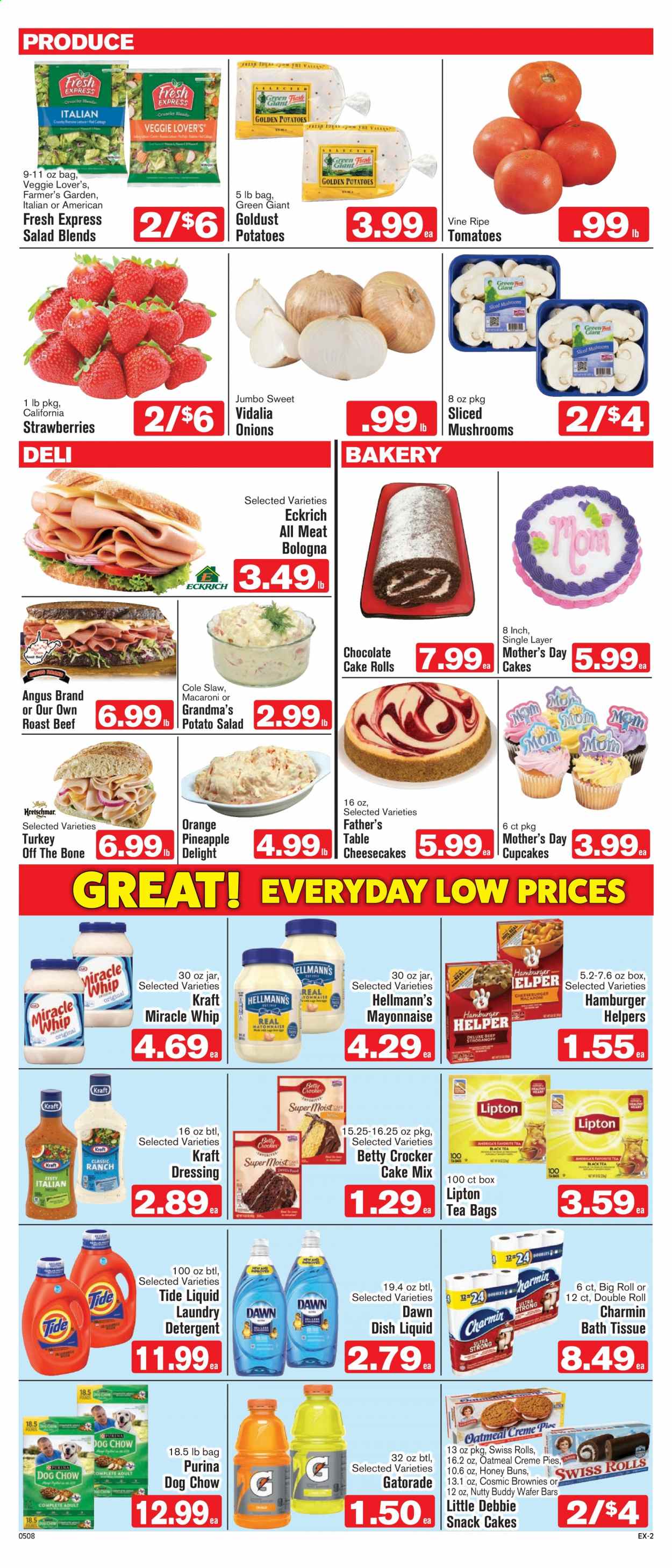 thumbnail - Shop ‘n Save Express Flyer - 05/08/2021 - 05/14/2021 - Sales products - mushrooms, buns, Father's Table, cupcake, brownies, chocolate cake, cake mix, tomatoes, potatoes, onion, salad, strawberries, pineapple, oranges, beef meat, roast beef, hamburger, macaroni, Kraft®, potato salad, mayonnaise, Miracle Whip, Hellmann’s, wafers, chocolate, snack, oatmeal, dressing, honey, Lipton, Gatorade, tea bags, bath tissue, Charmin, detergent, Tide, laundry detergent, dishwashing liquid, Dog Chow, Purina. Page 2.