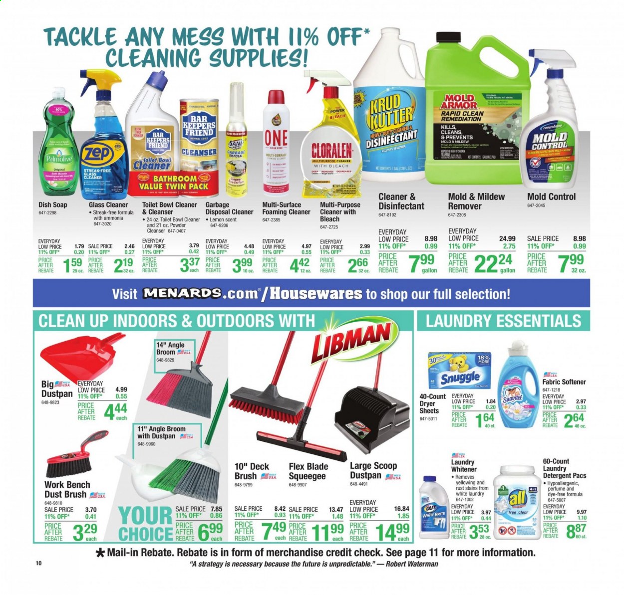 thumbnail - Menards Flyer - 05/06/2021 - 05/15/2021 - Sales products - toilet, detergent, cleaner, bleach, desinfection, glass cleaner, toilet bowl, Snuggle, fabric softener, laundry detergent, dryer sheets, brush, broom, angle broom, work bench, gallon. Page 14.