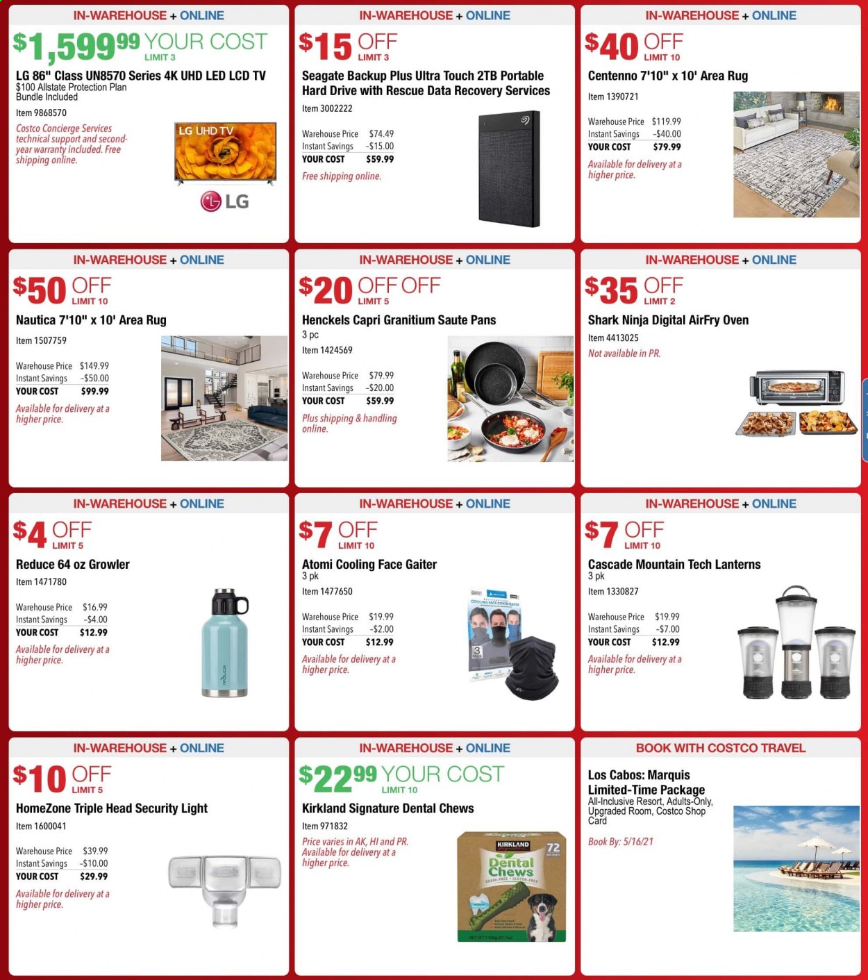 thumbnail - Costco Flyer - 05/08/2021 - 05/16/2021 - Sales products - LG, chewing gum, tea, Cascade, book, dental chews, Seagate, hard disk, portable hard drive, UHD TV, TV, oven, rug, area rug. Page 3.