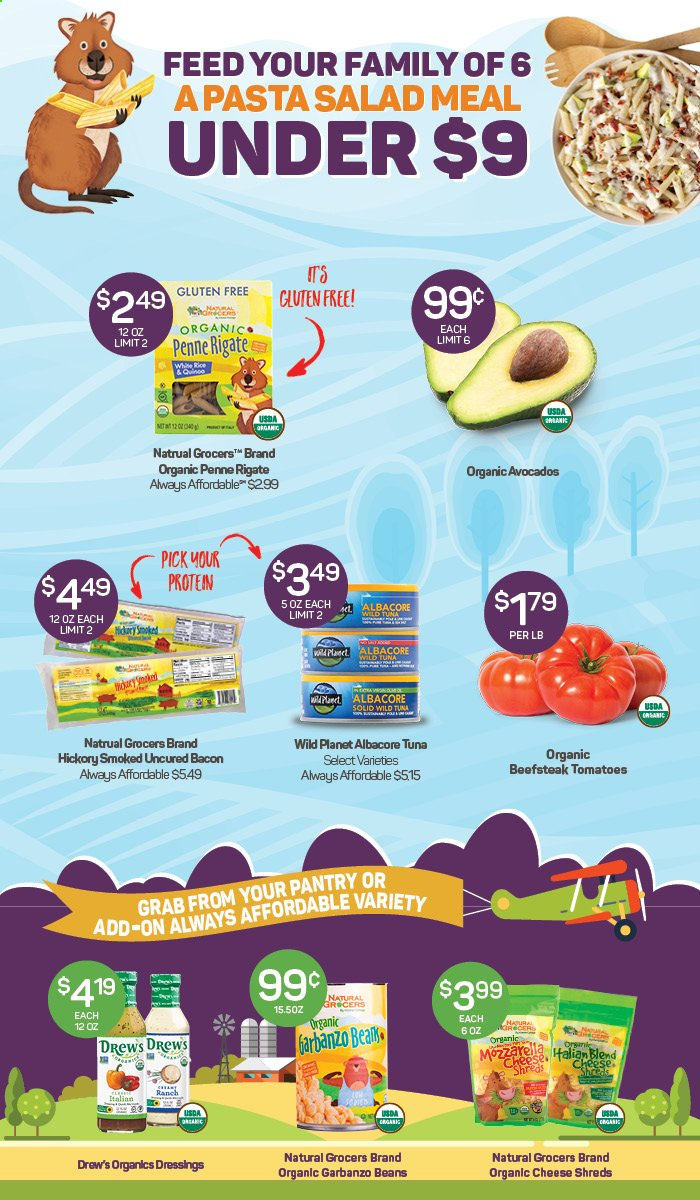 thumbnail - Natural Grocers Flyer - Sales products - beans, tomatoes, avocado, tuna, bacon, cheese, penne. Page 1.