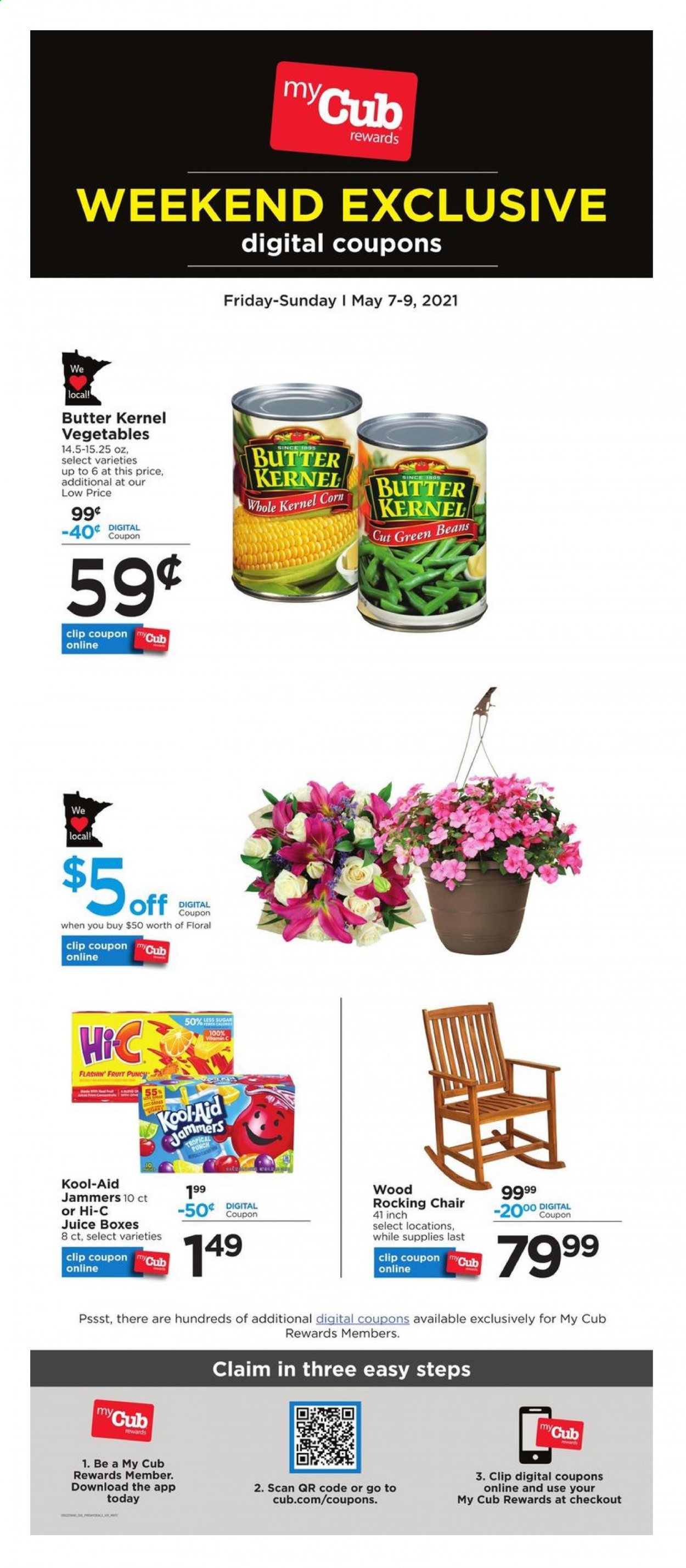 thumbnail - Cub Foods Flyer - 05/07/2021 - 05/09/2021 - Sales products - beans, corn, green beans, butter, juice, Hi-c, fruit punch. Page 1.