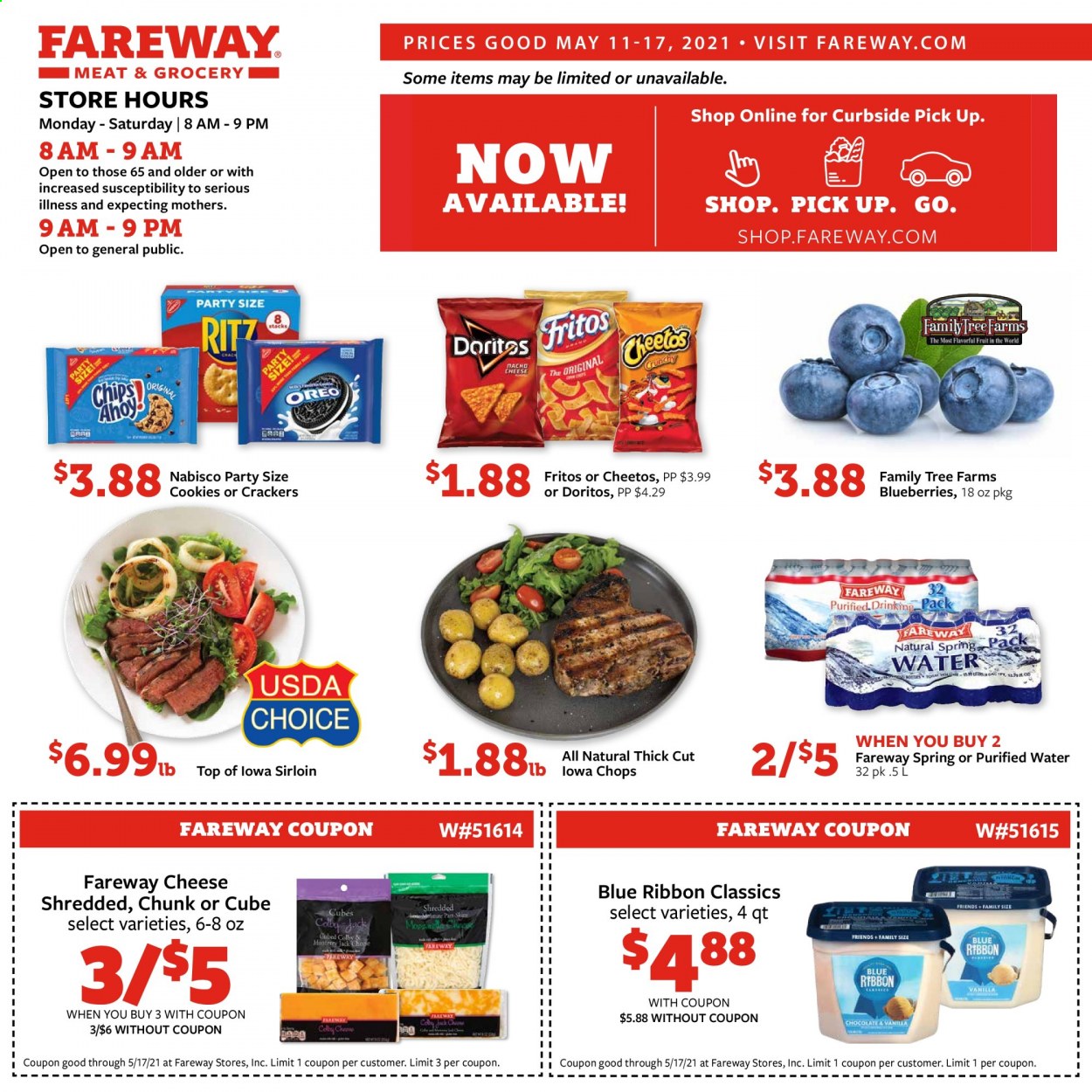 thumbnail - Fareway Flyer - 05/11/2021 - 05/17/2021 - Sales products - blueberries, cheese, Blue Ribbon, cookies, crackers, Doritos, Fritos, Cheetos, purified water. Page 1.