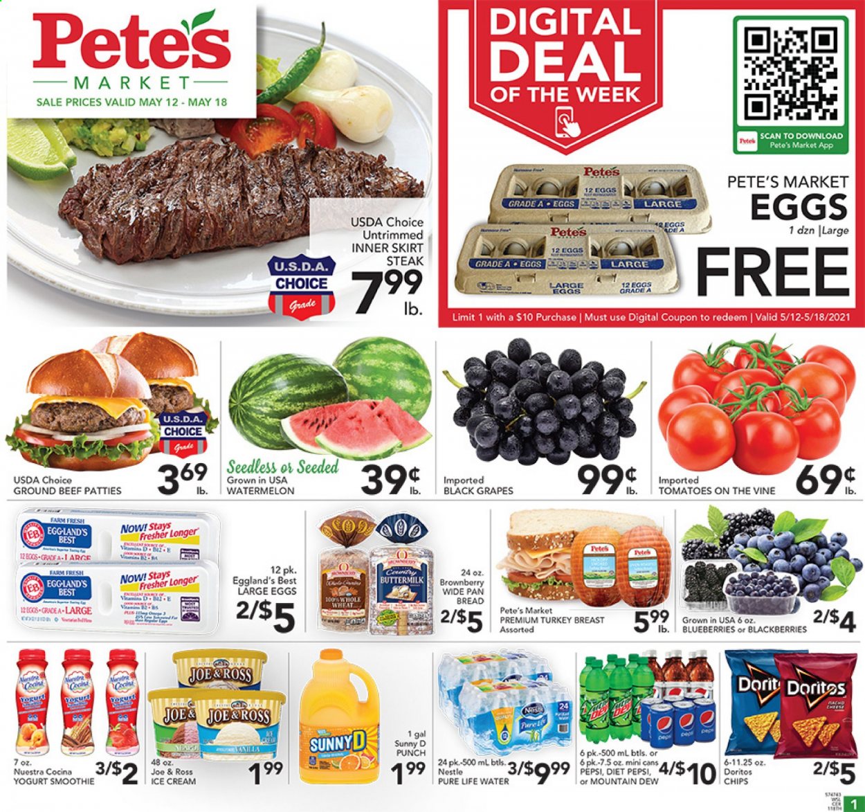 thumbnail - Pete's Fresh Market Flyer - 05/12/2021 - 05/18/2021 - Sales products - bread, tomatoes, blackberries, blueberries, grapes, watermelon, buttermilk, large eggs, ice cream, Nestlé, Doritos, chips, Mountain Dew, Pepsi, Diet Pepsi, smoothie, L'Or, punch, turkey breast, beef meat, ground beef, steak. Page 1.