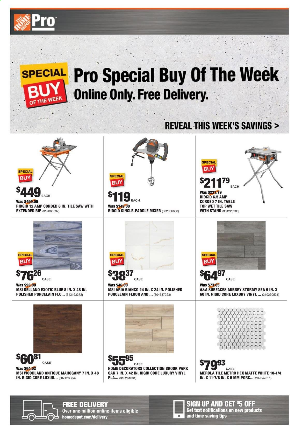 thumbnail - The Home Depot Flyer - 05/10/2021 - 05/17/2021 - Sales products - mixer, table, vinyl, porcelain tile, Ridgid. Page 1.
