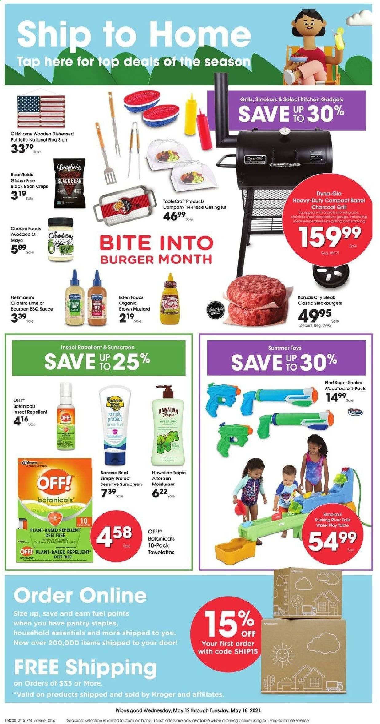 thumbnail - Smith's Flyer - 05/12/2021 - 05/18/2021 - Sales products - hamburger, sauce, mayonnaise, Hellmann’s, chips, cilantro, BBQ sauce, mustard, avocado oil, oil, steak, towelette, moisturizer, repellent, grill. Page 1.