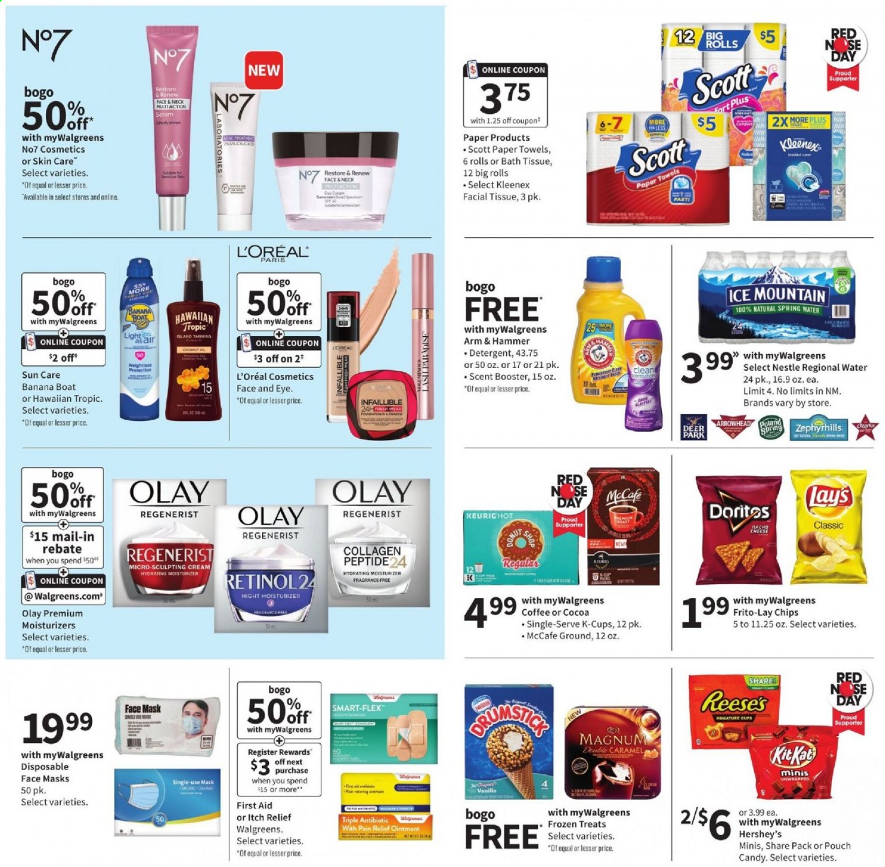 thumbnail - Walgreens Flyer - 05/16/2021 - 05/22/2021 - Sales products - Scott, cheese, Magnum, Reese's, Hershey's, Nestlé, Doritos, Lay’s, Frito-Lay, ARM & HAMMER, spring water, Ice Mountain, coffee, coffee capsules, McCafe, K-Cups, ointment, bath tissue, Kleenex, kitchen towels, paper towels, detergent, coconut oil, day cream, L’Oréal, moisturizer, serum, Olay, face mask, fragrance, pain relief. Page 3.