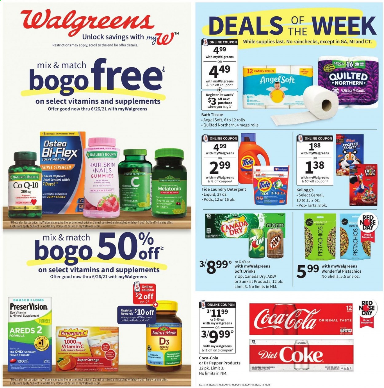 thumbnail - Walgreens Flyer - 05/16/2021 - 05/22/2021 - Sales products - Kellogg's, 7 Days, Pop-Tarts, cereals, Frosted Flakes, pistachios, Canada Dry, Coca-Cola, Dr. Pepper, Diet Coke, soft drink, 7UP, A&W, wine, rosé wine, bath tissue, Quilted Northern, detergent, Tide, laundry detergent, Biotin, glucosamine, Nature Made, Nature's Bounty, vitamin c, Bi-Flex, Emergen-C, vitamin D3. Page 1.