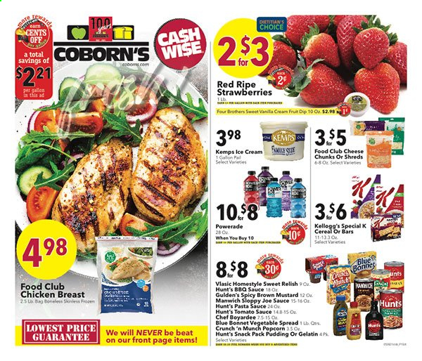 thumbnail - Coborn's Flyer - 05/12/2021 - 05/18/2021 - Sales products - strawberries, pasta sauce, sauce, Four Brothers, cheese, Kemps, pudding, dip, ice cream, Kellogg's, popcorn, tomato sauce, Manwich, Chef Boyardee, cereals, BBQ sauce, mustard, Powerade, chicken breasts, gelatin. Page 1.