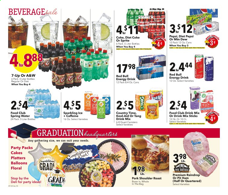 thumbnail - Cash Wise Flyer - 05/12/2021 - 05/18/2021 - Sales products - cake, boneless pit hams, ham, Mountain Dew, Sprite, Pepsi, energy drink, Diet Pepsi, Diet Coke, 7UP, Red Bull, A&W, Country Time, spring water, pork meat, pork roast, pork shoulder. Page 8.