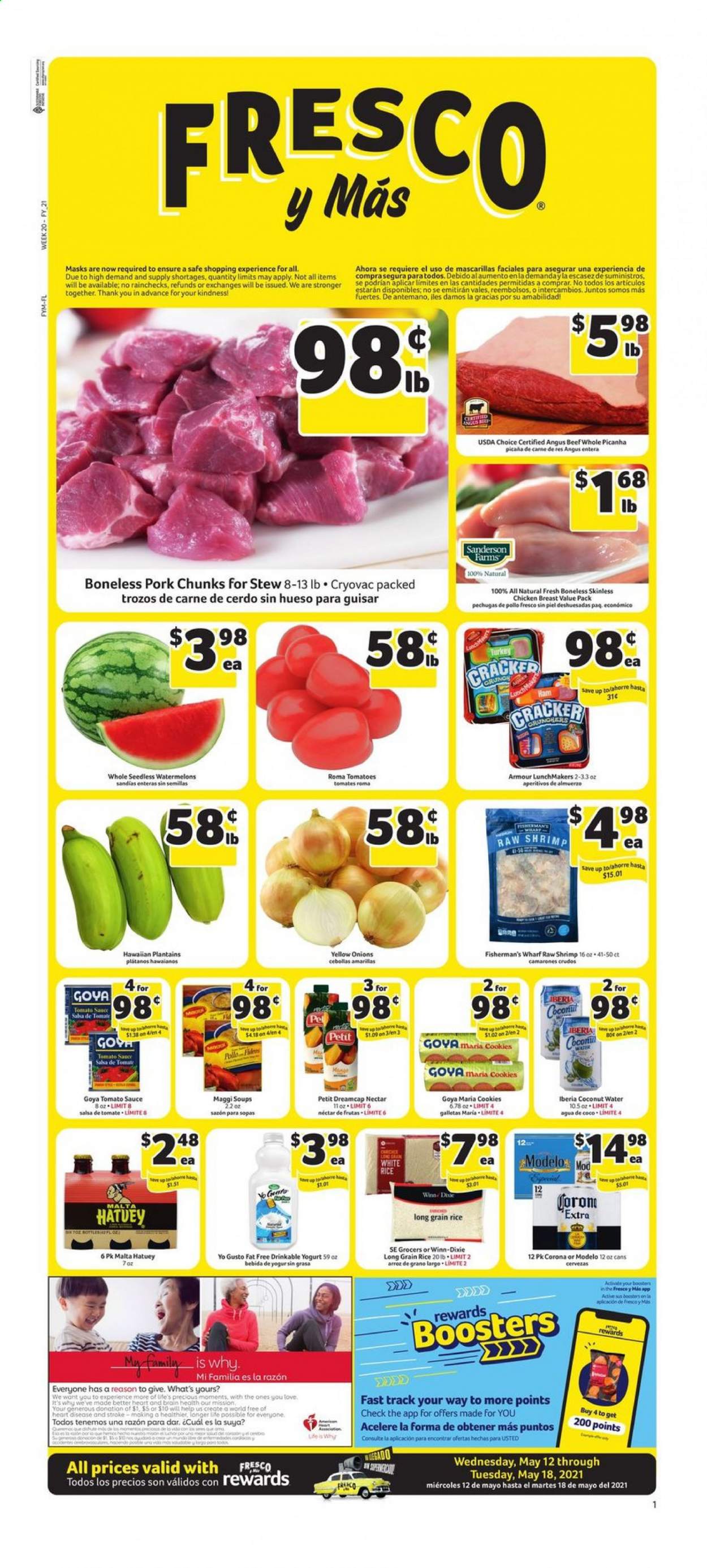 thumbnail - Fresco y Más Flyer - 05/12/2021 - 05/18/2021 - Sales products - tomatoes, onion, shrimps, sauce, ham, yoghurt, cookies, crackers, Maggi, tomato sauce, Goya, rice, white rice, long grain rice, salsa, coconut water, beer, Corona Extra, Modelo, chicken breasts, beef meat, cap of rump, plantains. Page 1.