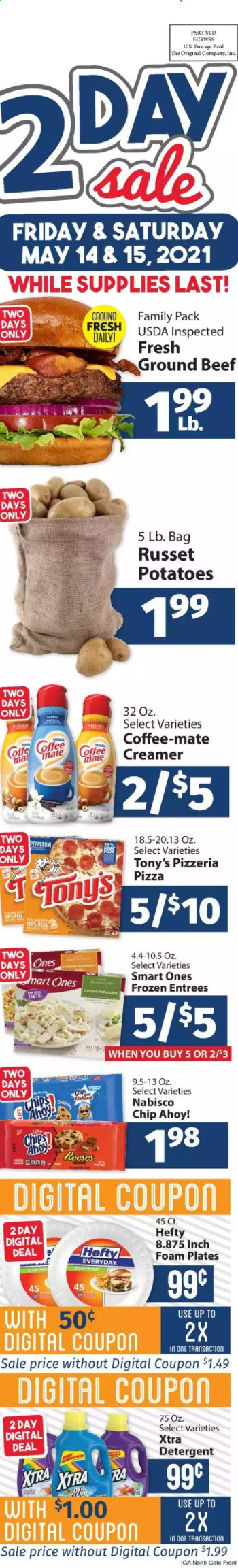 thumbnail - IGA Flyer - 05/14/2021 - 05/15/2021 - Sales products - russet potatoes, potatoes, pizza, Coffee-Mate, creamer, Reese's, beef meat, ground beef, detergent, XTRA, Hefty, plate, foam plates. Page 1.