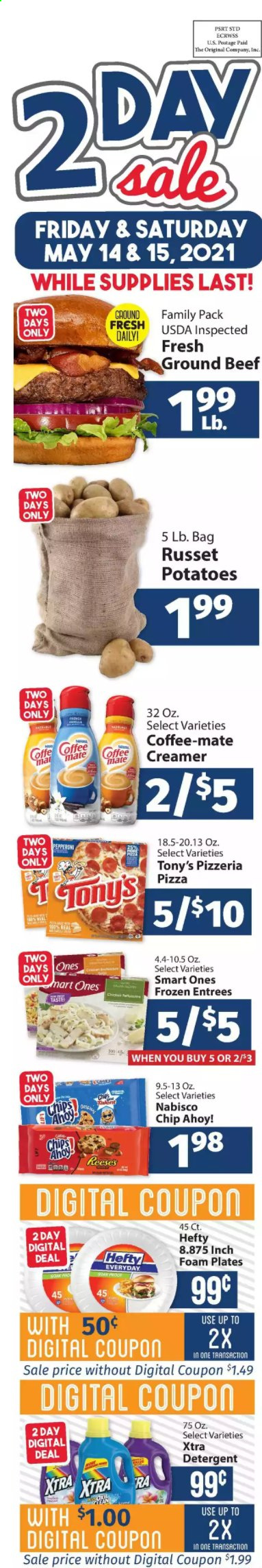 thumbnail - IGA Flyer - 05/14/2021 - 05/15/2021 - Sales products - russet potatoes, potatoes, pizza, pepperoni, Coffee-Mate, creamer, Reese's, beef meat, ground beef, detergent, XTRA, Hefty, plate, foam plates. Page 1.