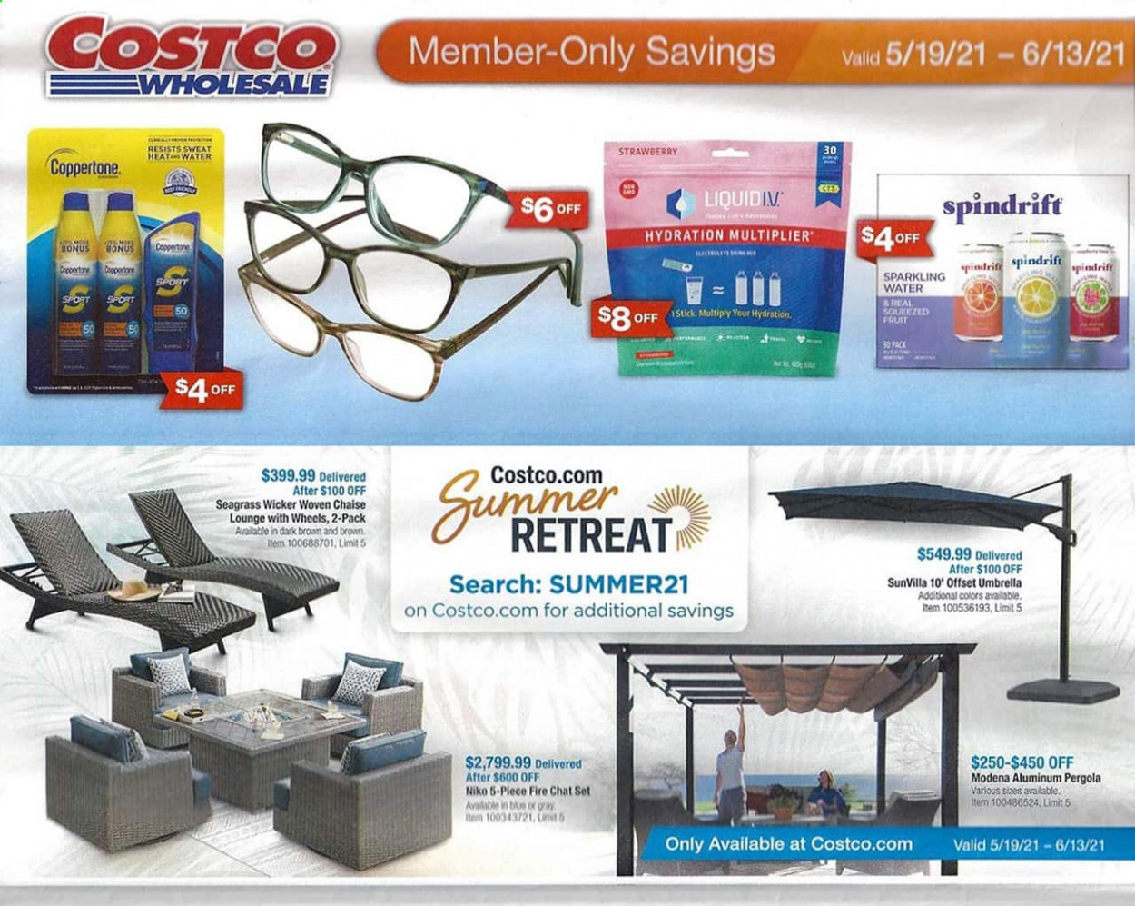 thumbnail - Costco Flyer - 05/19/2021 - 06/13/2021 - Sales products - pergola, Spindrift, sparkling water, umbrella, water sport. Page 1.
