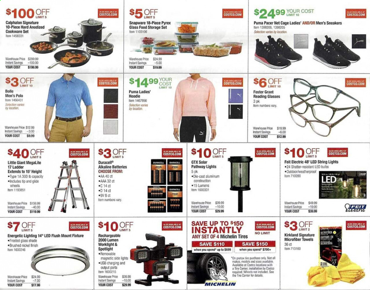 thumbnail - Costco Flyer - 05/19/2021 - 06/13/2021 - Sales products - sneakers, Puma, microfiber towel, cookware set, Pyrex, storage container set, bulb, Duracell, LED bulb, spotlight, towel, cage, ladder, string lights, Michelin, tires. Page 7.