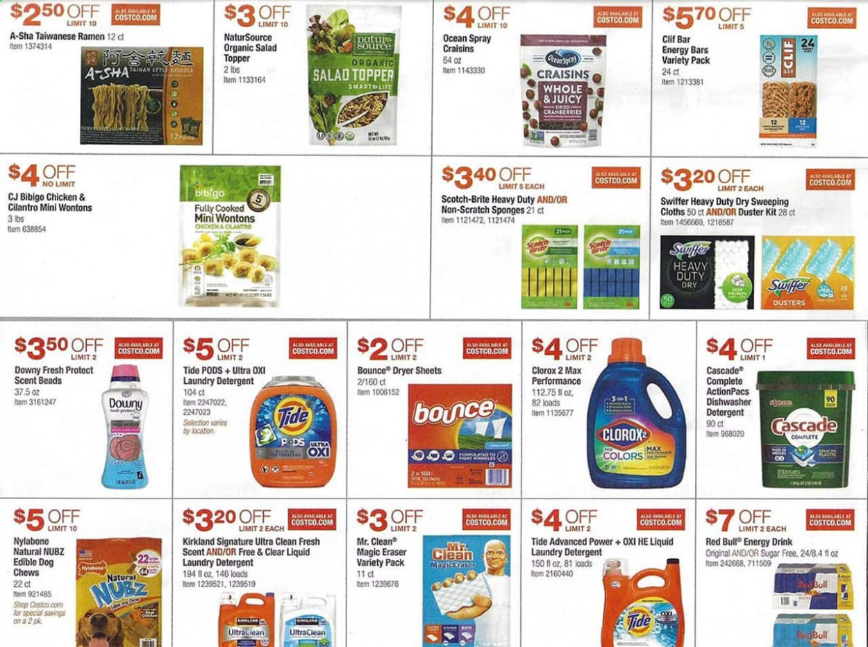 thumbnail - Costco Flyer - 05/19/2021 - 06/13/2021 - Sales products - topper, salad, ramen, noodles, craisins, cranberries, energy bar, cilantro, dried fruit, energy drink, Red Bull, detergent, Clorox, Swiffer, Cascade, Tide, laundry detergent, Bounce, dryer sheets, Brite, sponge, duster, eraser, Nylabone, animal treats, dog food, dog chews. Page 9.