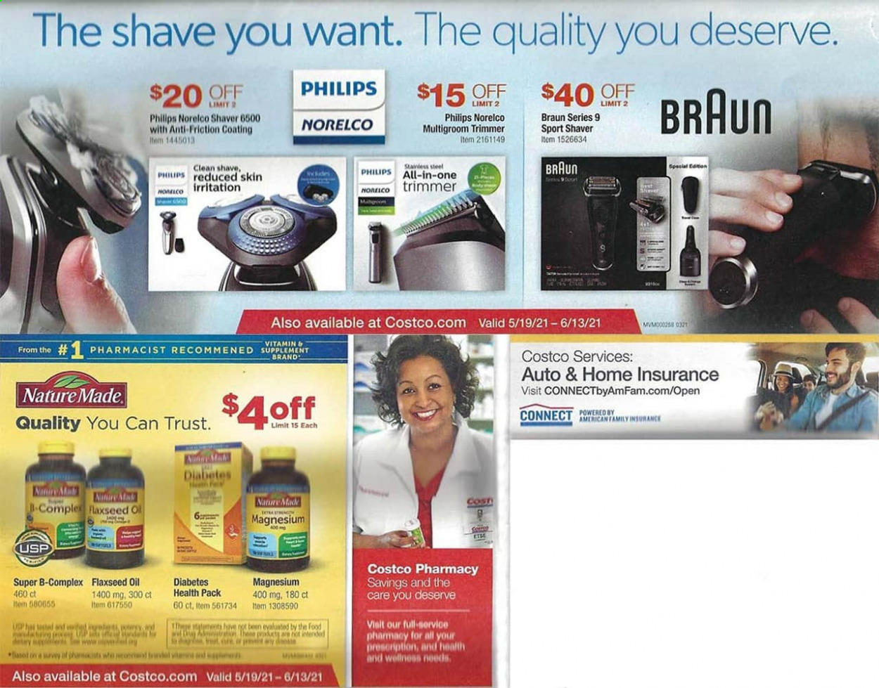 thumbnail - Costco Flyer - 05/19/2021 - 06/13/2021 - Sales products - Philips, oil, flaxseed oil, shaver, trimmer, Braun, Norelco, magnesium, Nature Made. Page 12.